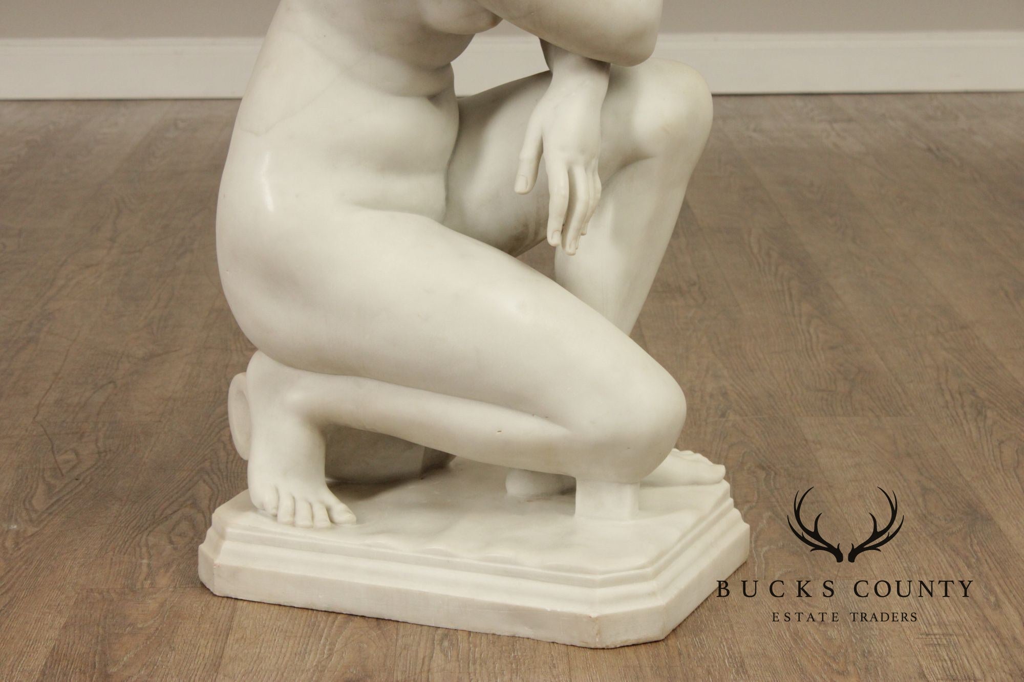 Neoclassical Style Large Antique Carved Marble Sculpture Of Kneeling Venus