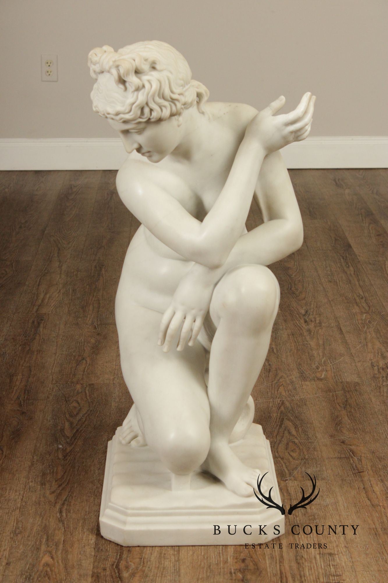 Neoclassical Style Large Antique Carved Marble Sculpture Of Kneeling Venus