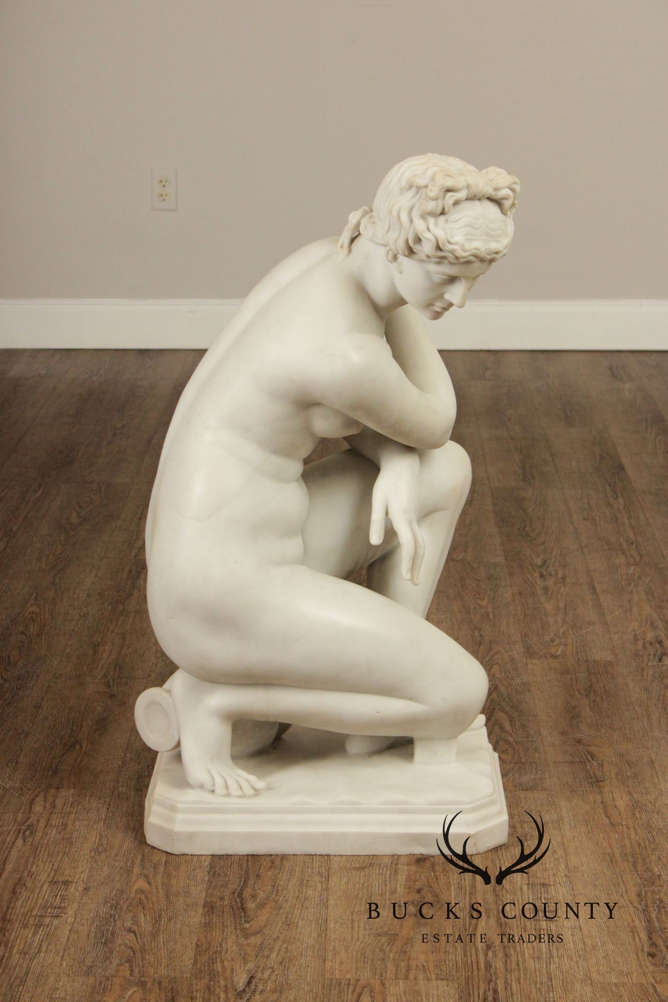 Neoclassical Style Large Antique Carved Marble Sculpture Of Kneeling Venus