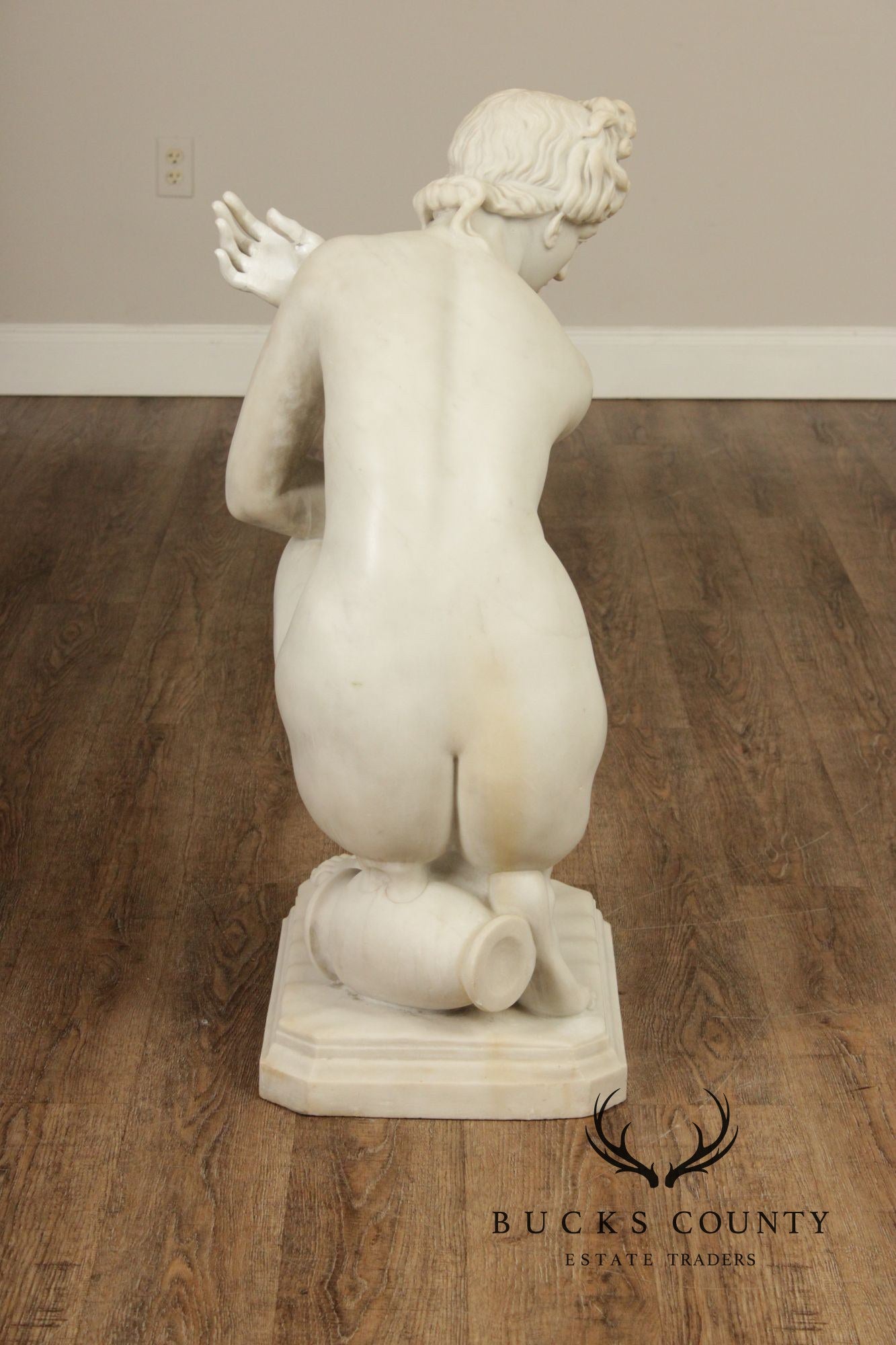 Neoclassical Style Large Antique Carved Marble Sculpture Of Kneeling Venus