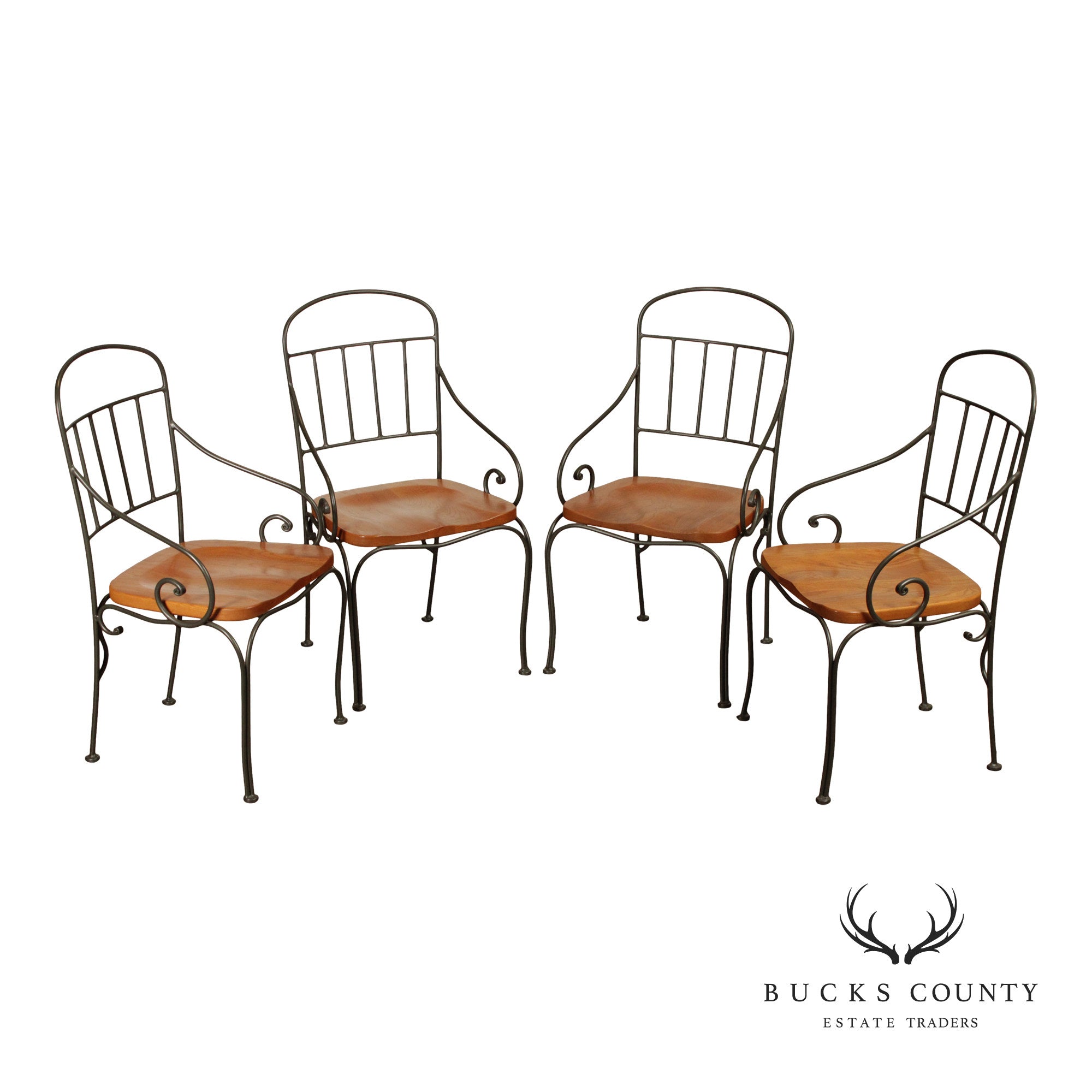 Kincaid French Country Style Set of Four Wrought Iron and Oak Dining Chairs