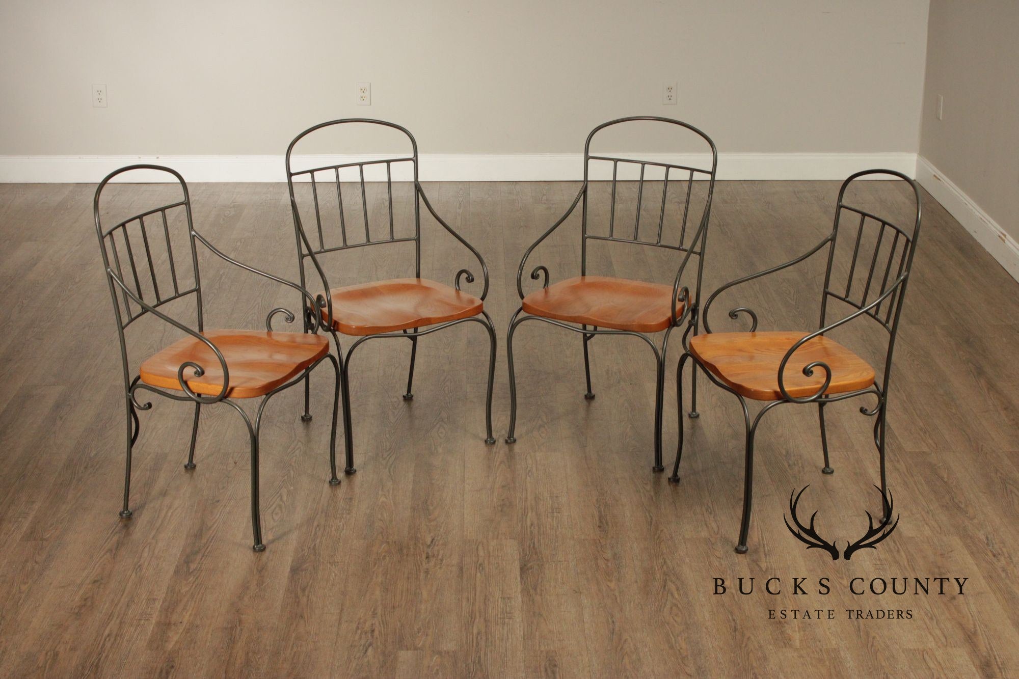 Kincaid French Country Style Set of Four Wrought Iron and Oak Dining Chairs