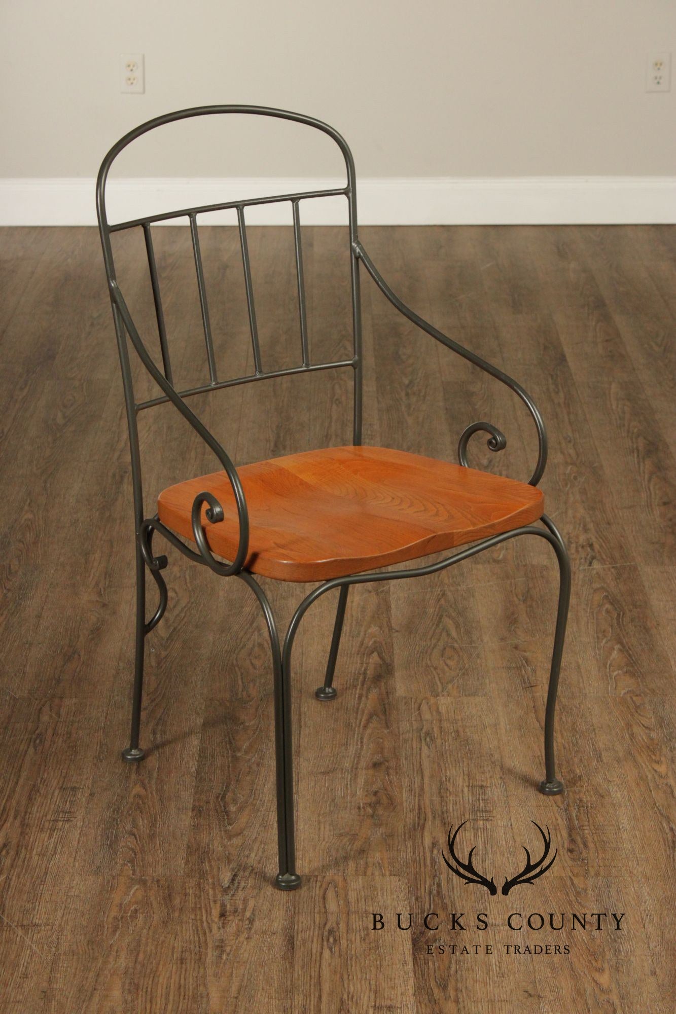 Kincaid French Country Style Set of Four Wrought Iron and Oak Dining Chairs