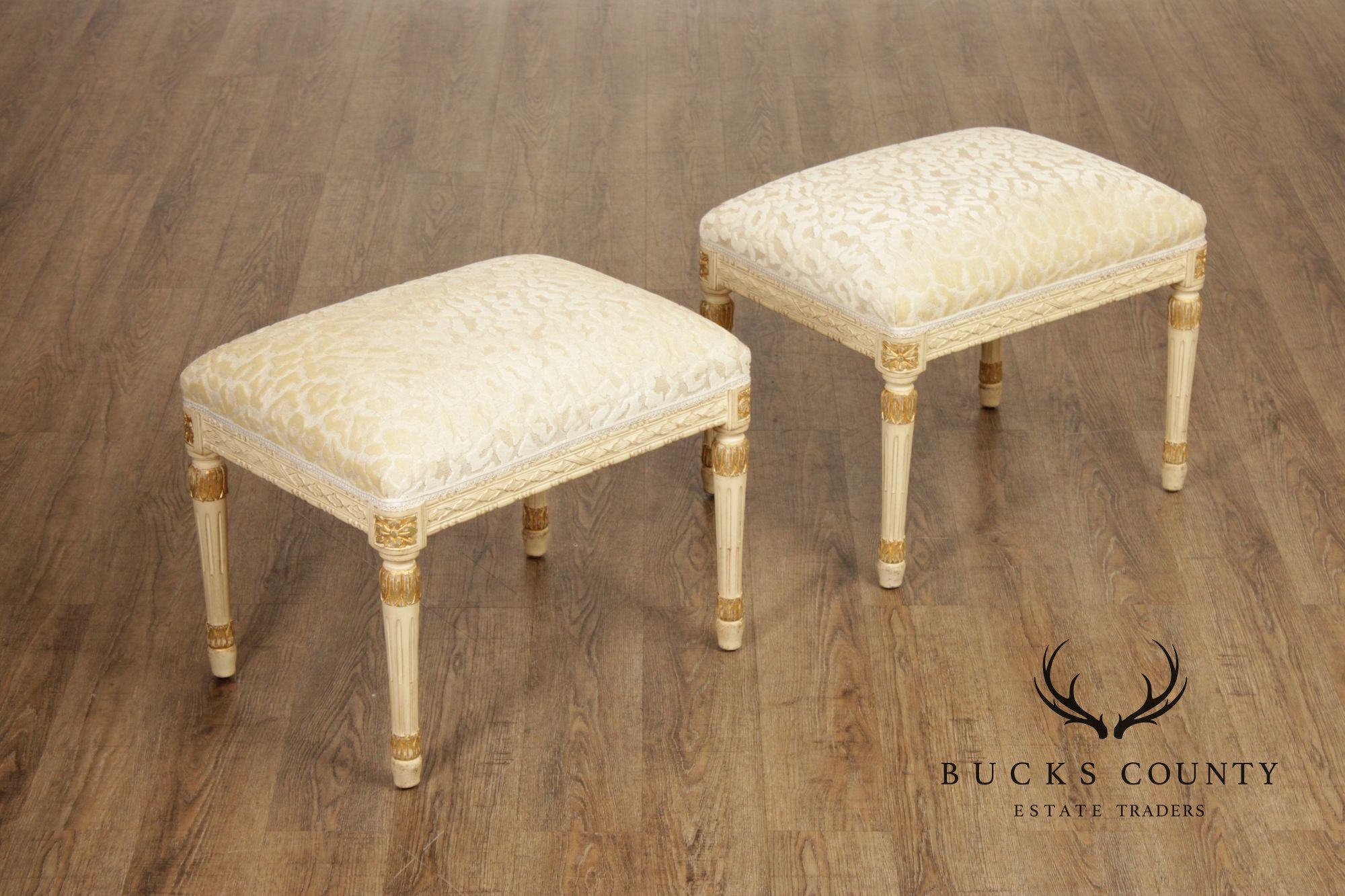 French Louis XVI Style Vintage Pair Painted Stools With Upholstered Seats