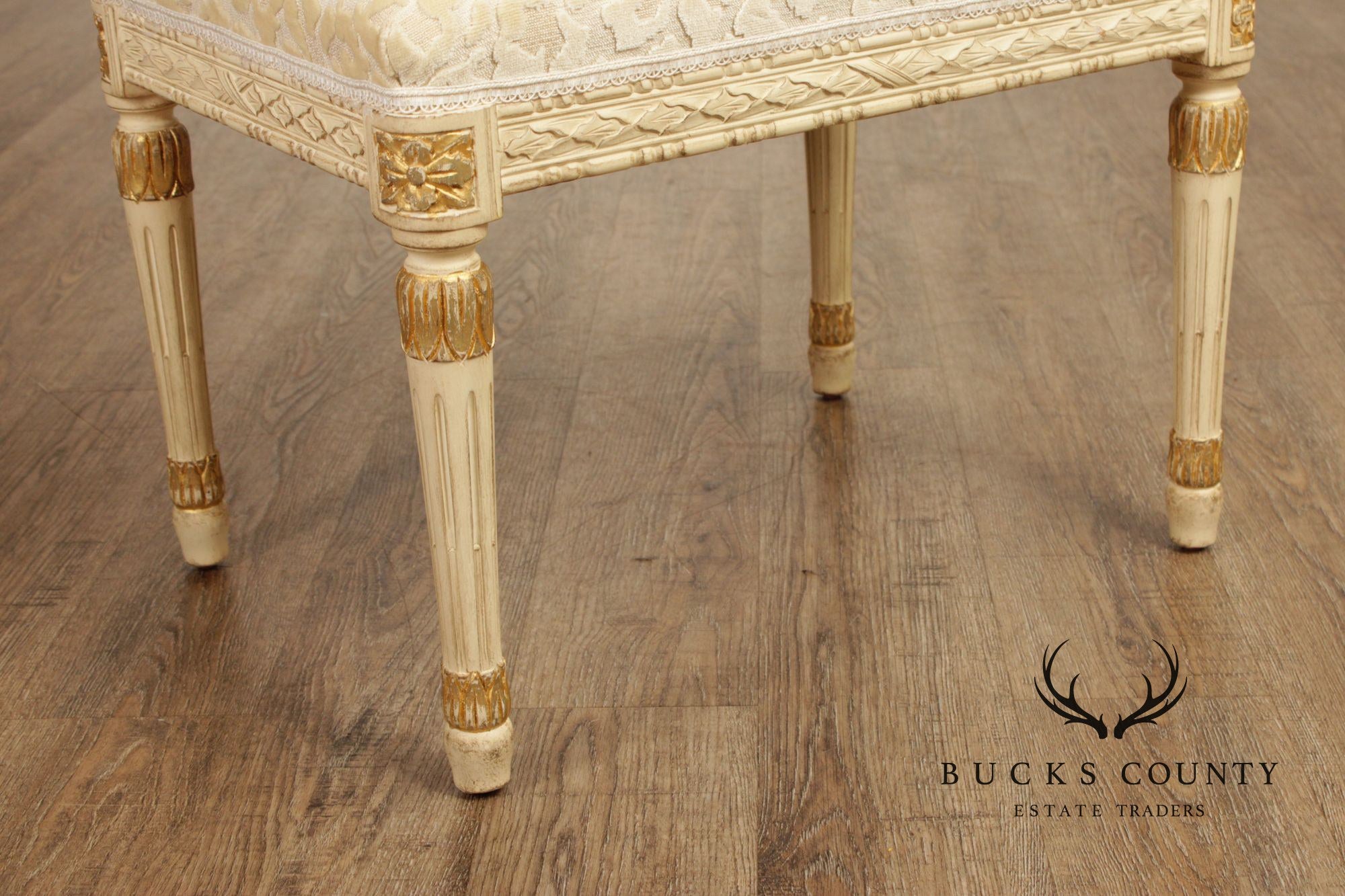 French Louis XVI Style Vintage Pair Painted Stools With Upholstered Seats