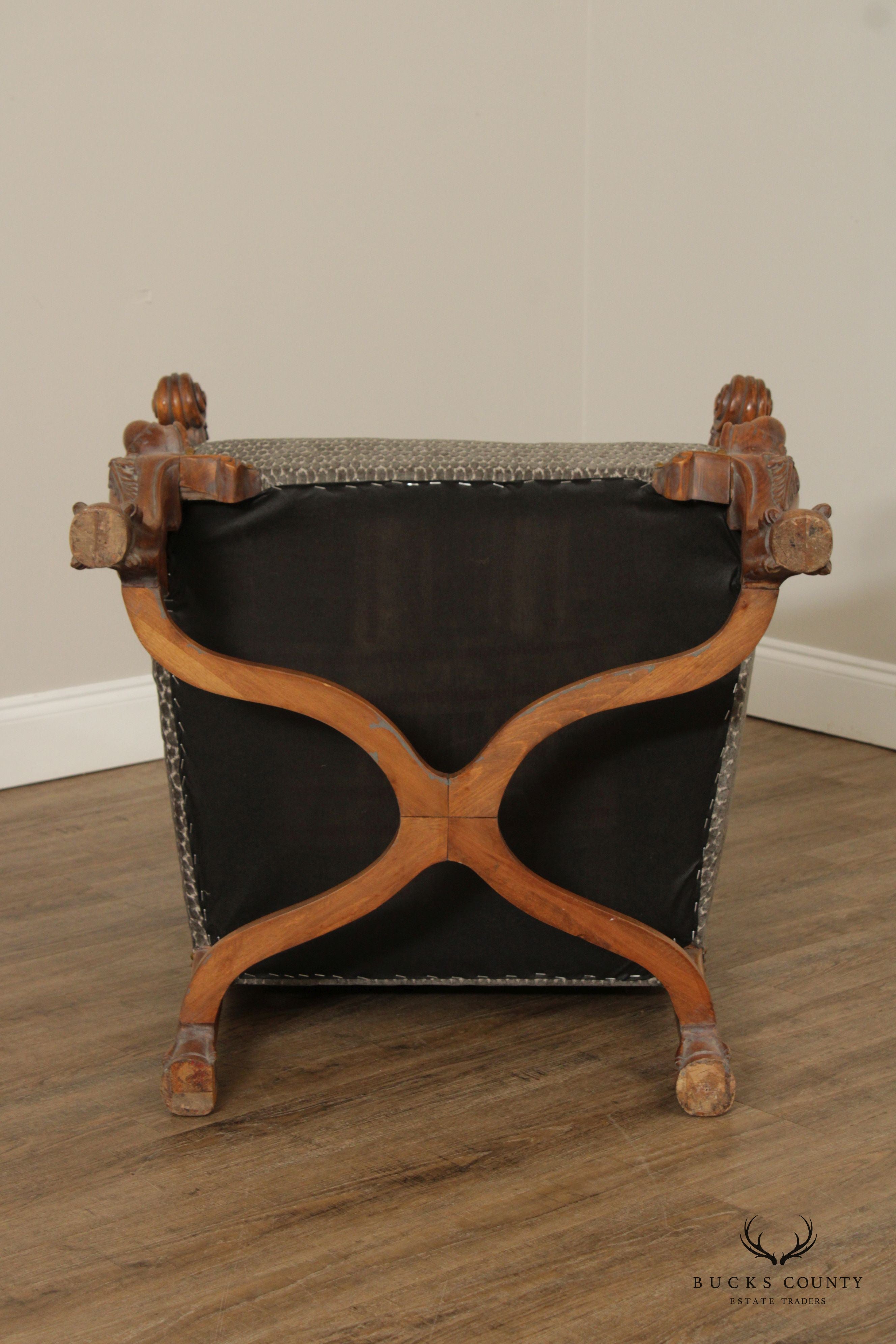 French Renaissance Revival Style Quality Pair of Carved And Upholstered Armchairs