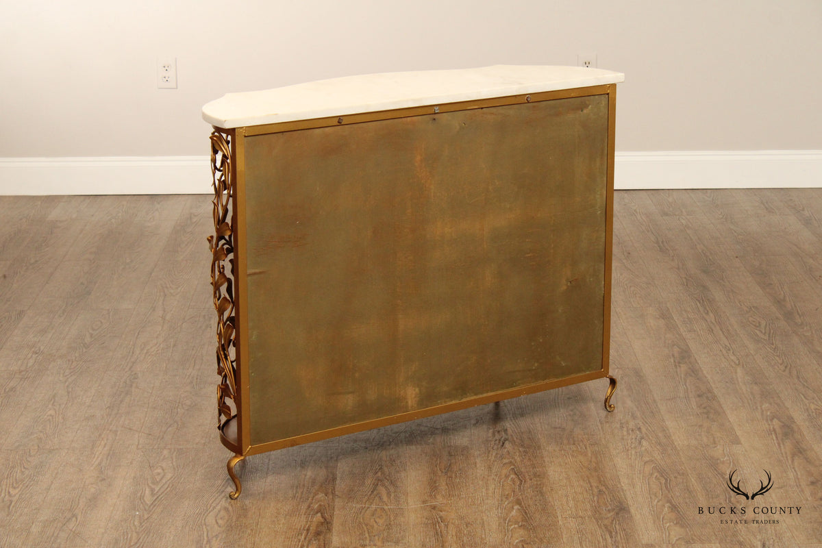 Italian Hollywood Regency Marble Top Floral Console Cabinet