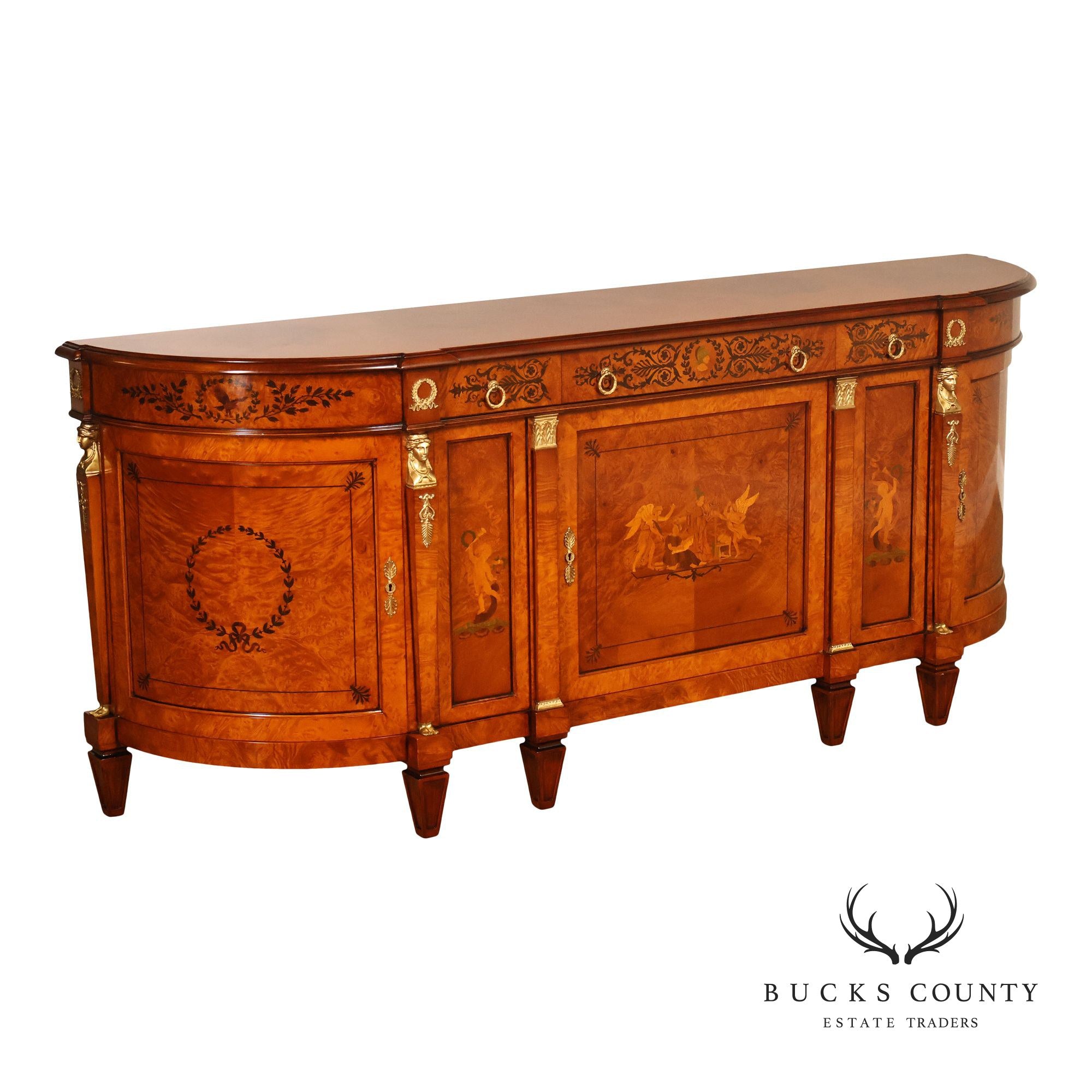Rho Mobili D'Epoca Neoclassical Burl Wood Marquetry Inlaid Sideboard