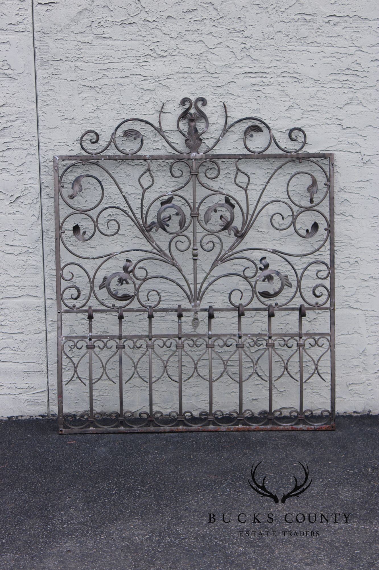 Vintage Pair Of Ornate Wrought Iron Garden Gates With Scroll And Leaf Motifs