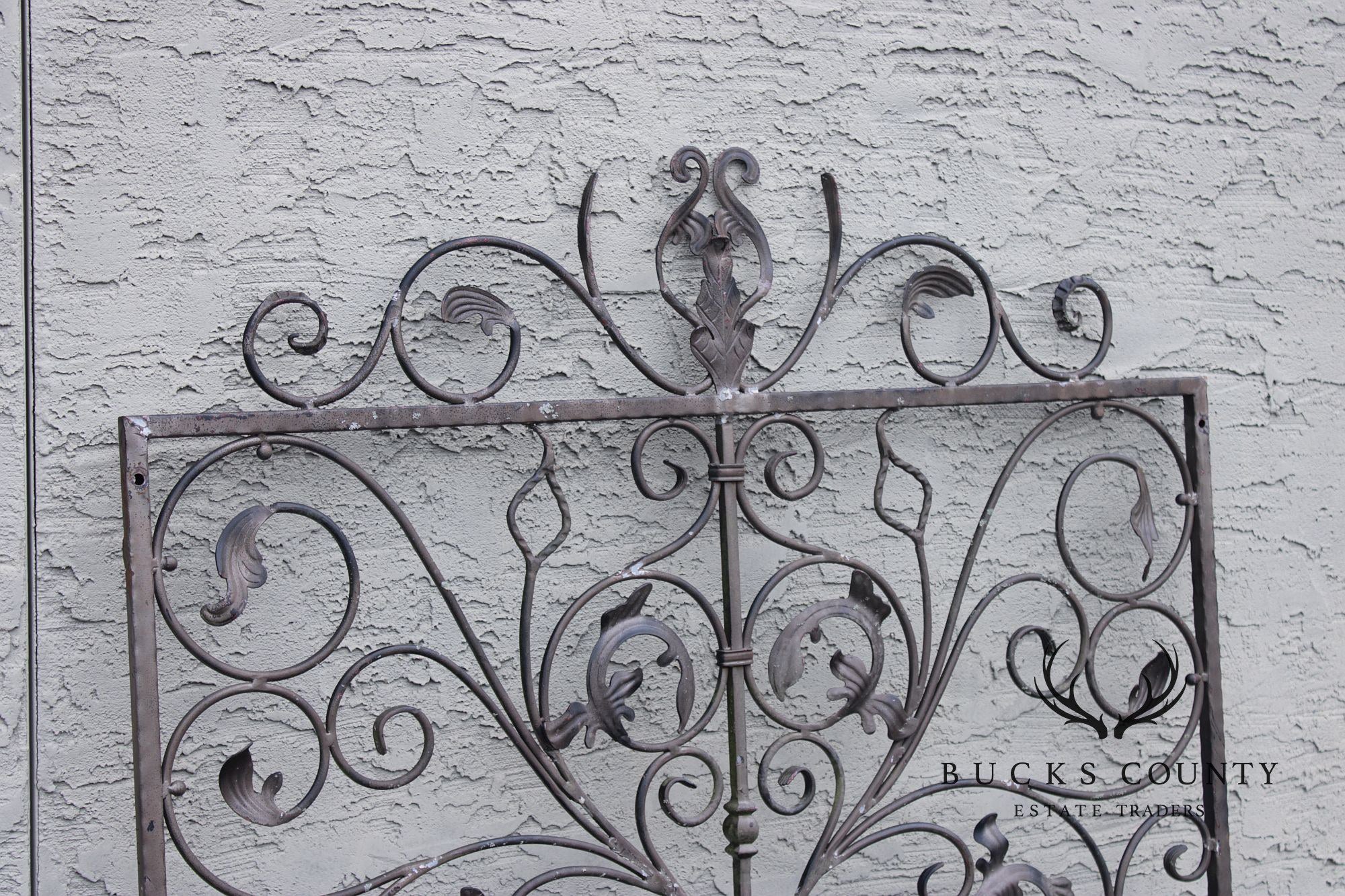 Vintage Pair Of Ornate Wrought Iron Garden Gates With Scroll And Leaf Motifs