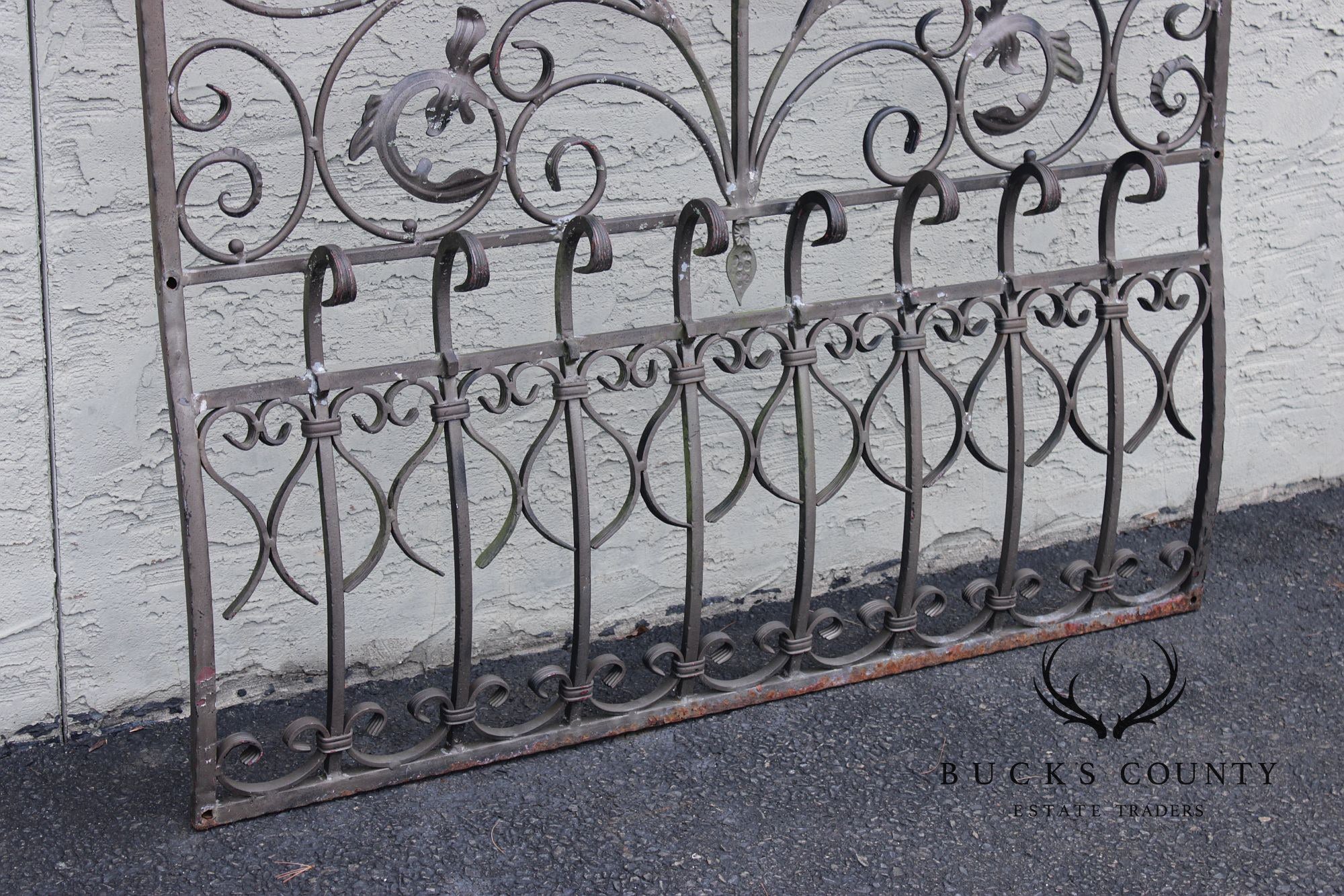 Vintage Pair Of Ornate Wrought Iron Garden Gates With Scroll And Leaf Motifs
