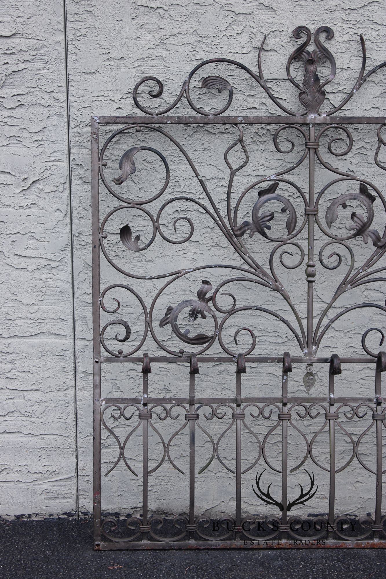 Vintage Pair Of Ornate Wrought Iron Garden Gates With Scroll And Leaf Motifs