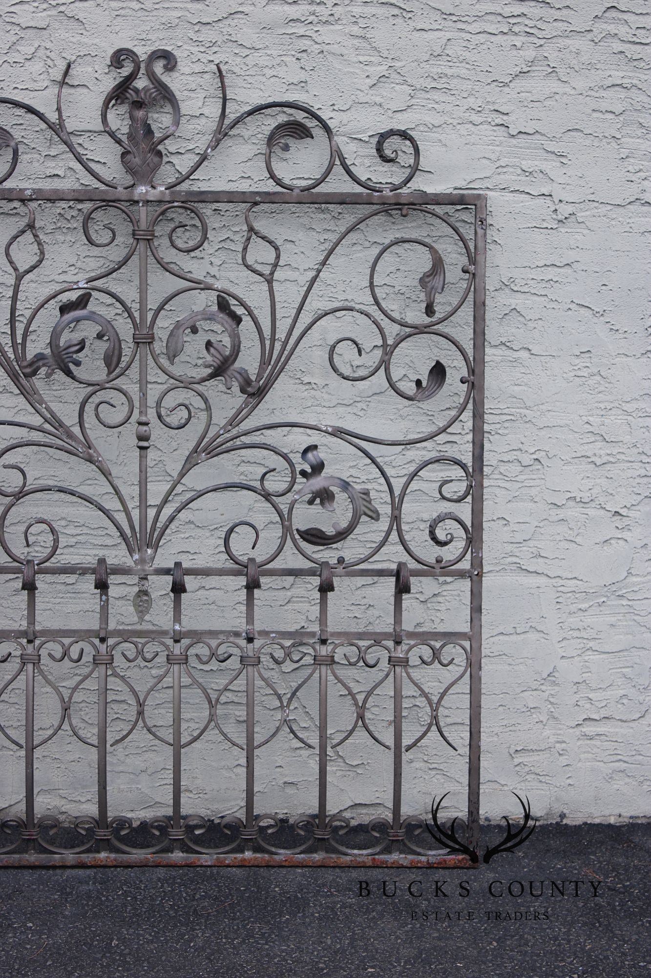Vintage Pair Of Ornate Wrought Iron Garden Gates With Scroll And Leaf Motifs