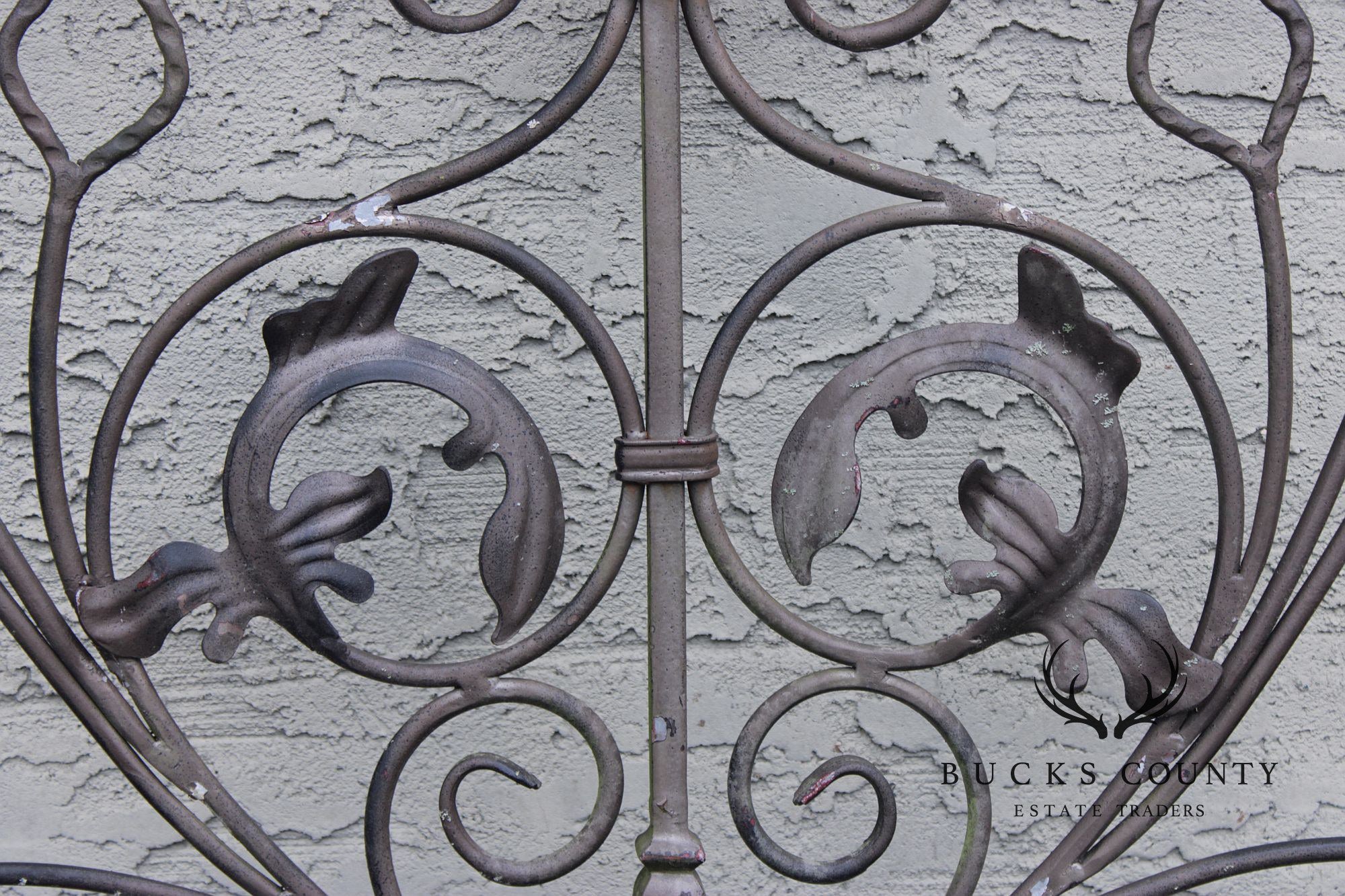 Vintage Pair Of Ornate Wrought Iron Garden Gates With Scroll And Leaf Motifs