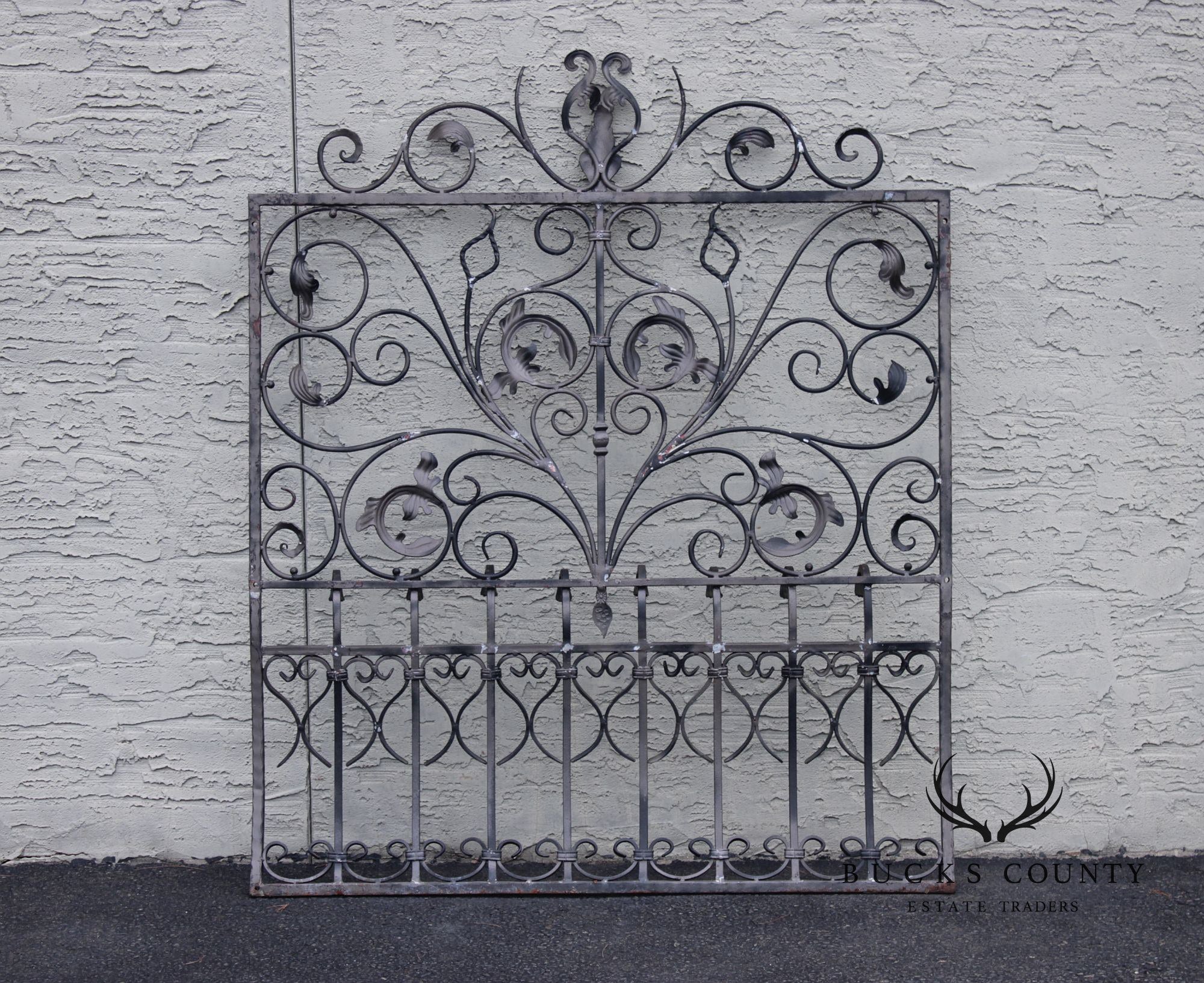 Vintage Pair Of Ornate Wrought Iron Garden Gates With Scroll And Leaf Motifs