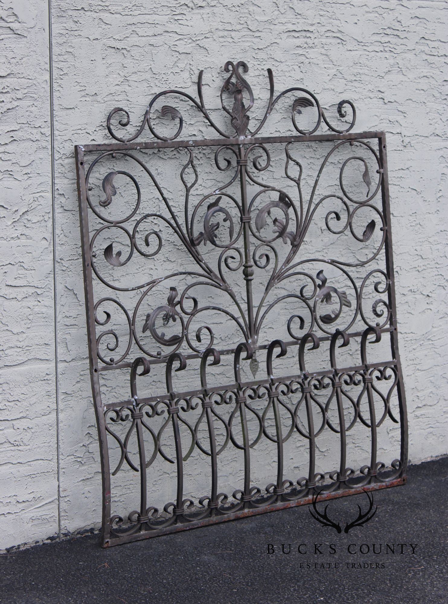 Vintage Pair Of Ornate Wrought Iron Garden Gates With Scroll And Leaf Motifs