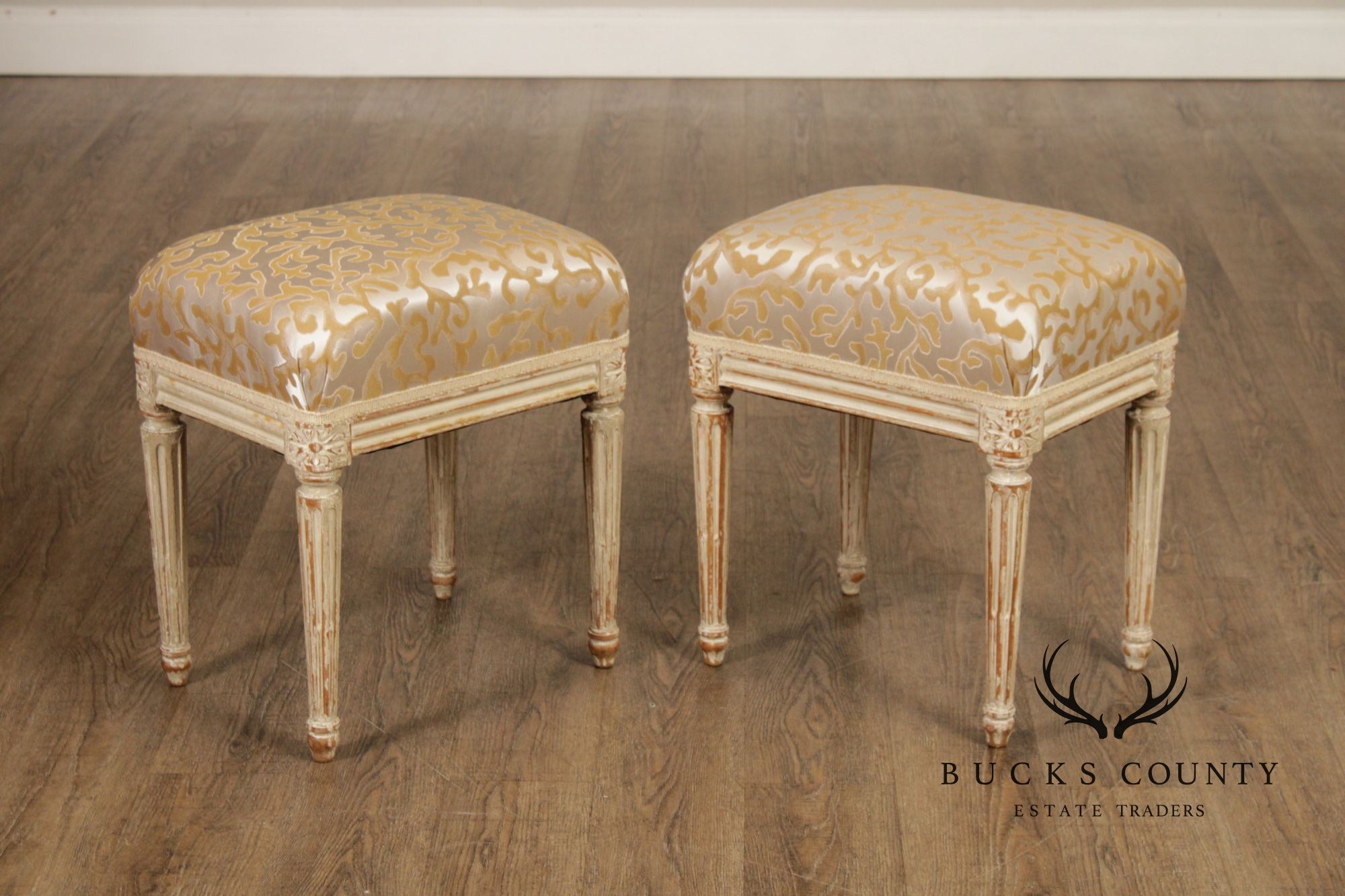 French Louis XVI Style Vintage Pair Painted Stools With Upholstered Seats