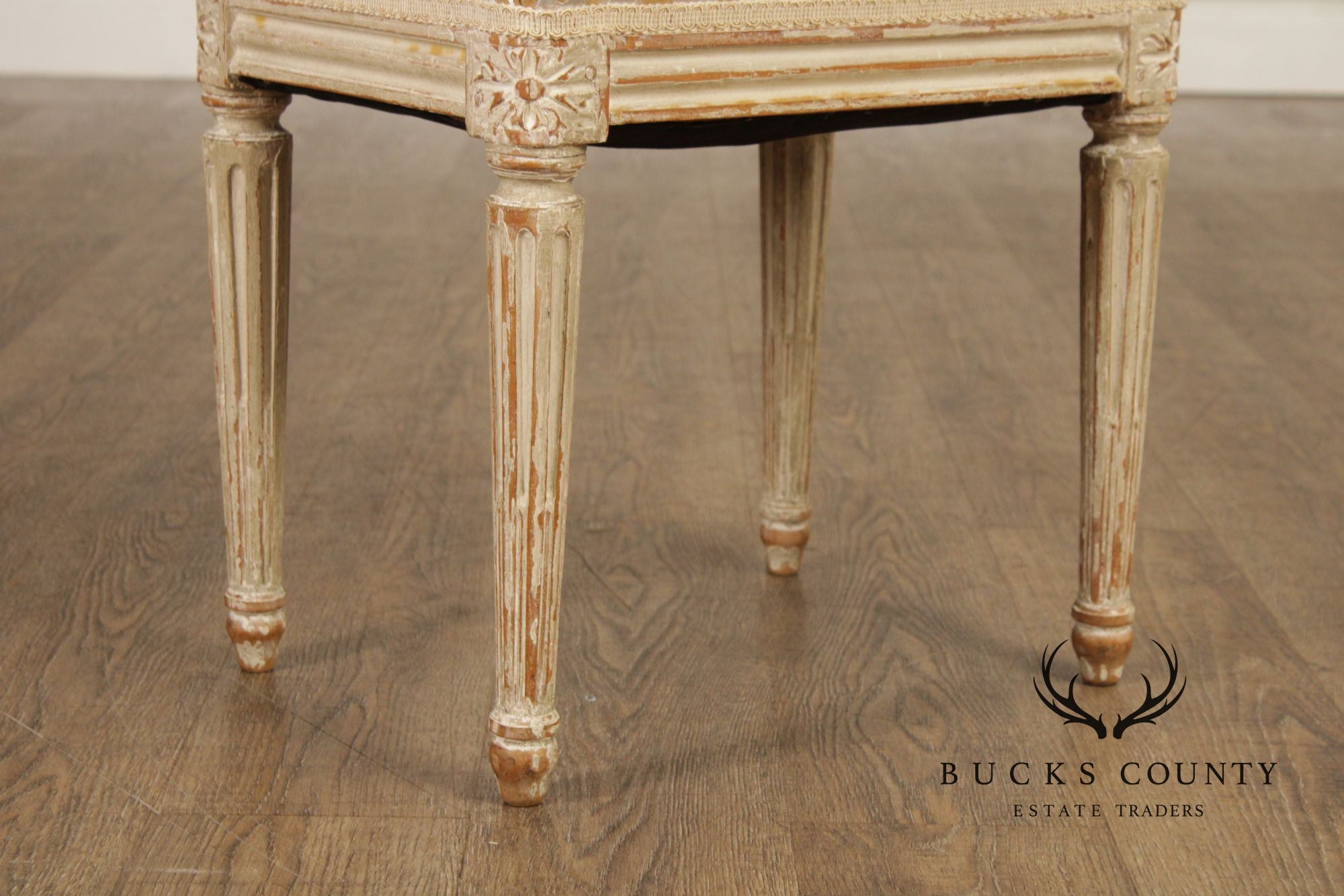 French Louis XVI Style Vintage Pair Painted Stools With Upholstered Seats