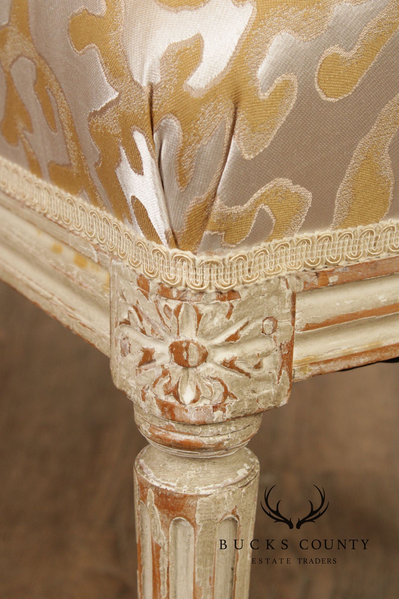 French Louis XVI Style Vintage Pair Painted Stools With Upholstered Seats