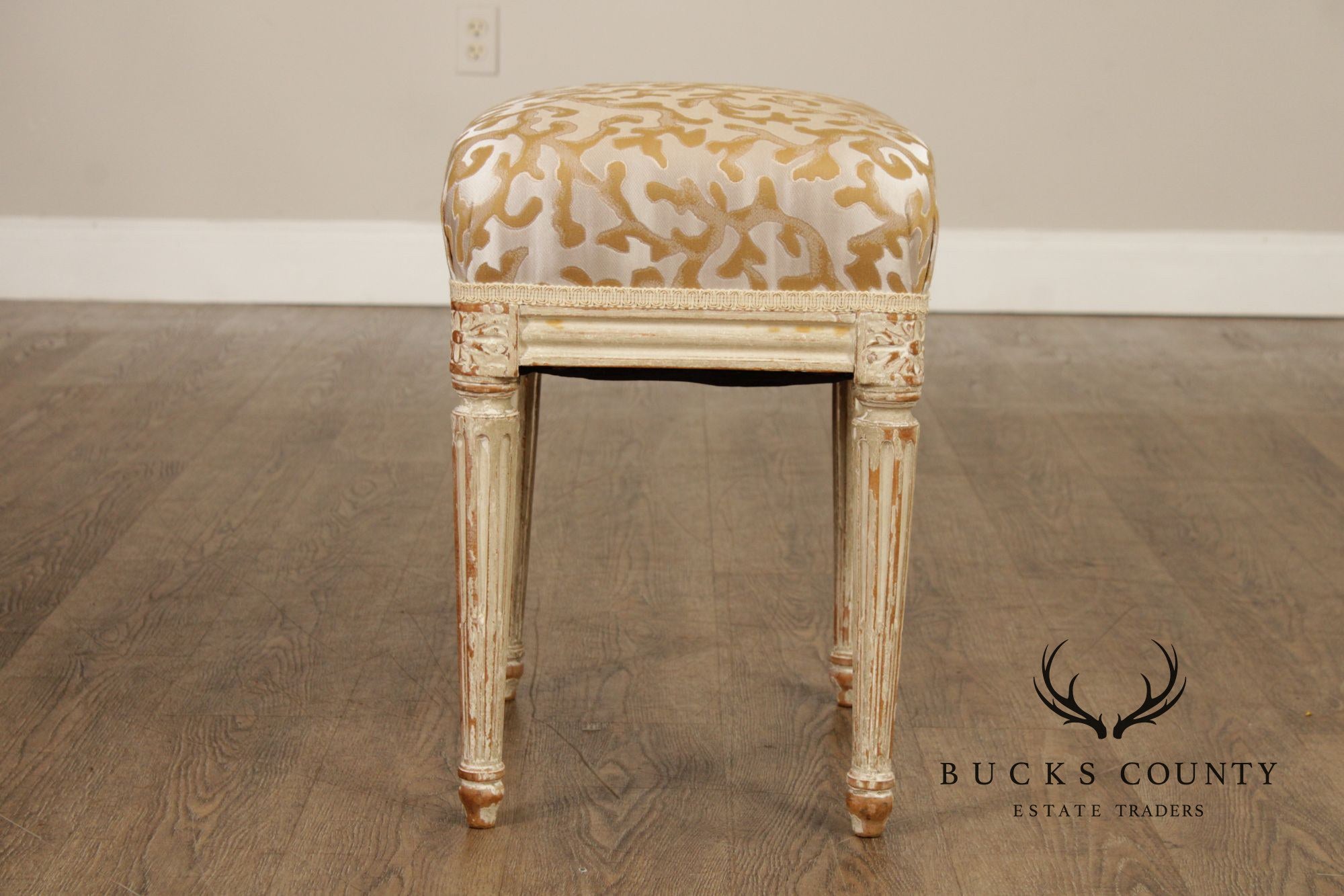 French Louis XVI Style Vintage Pair Painted Stools With Upholstered Seats