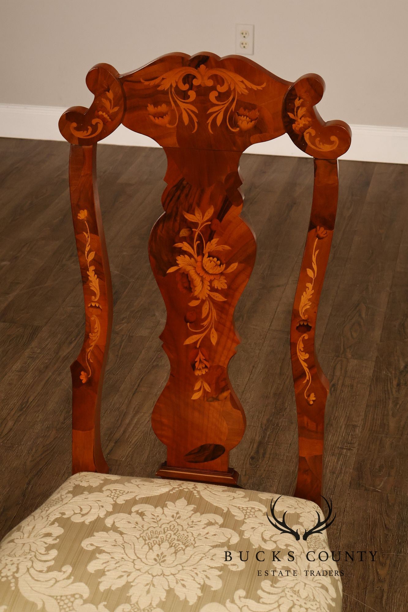 Italian Baroque Style Set of Eight Inlaid Olive Wood Dining Chairs