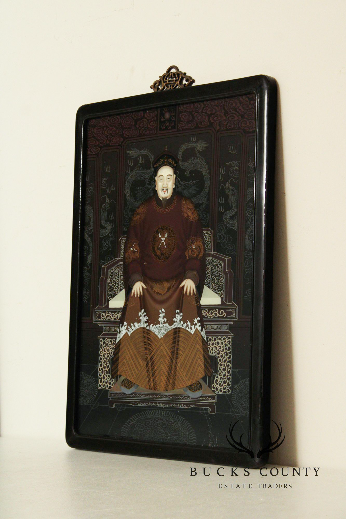 Chinese Pair of Reverse-Painted Glass Ancestral Portraits