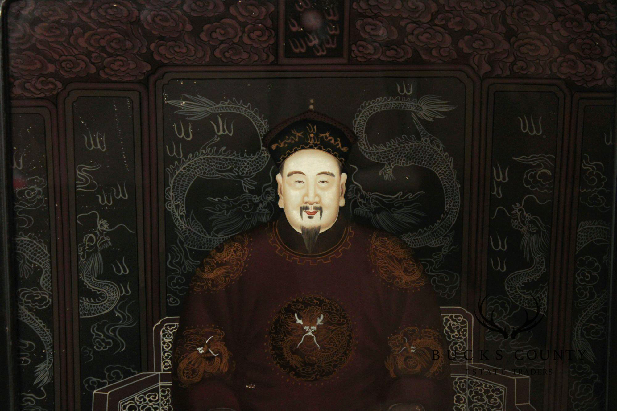 Chinese Pair of Reverse-Painted Glass Ancestral Portraits
