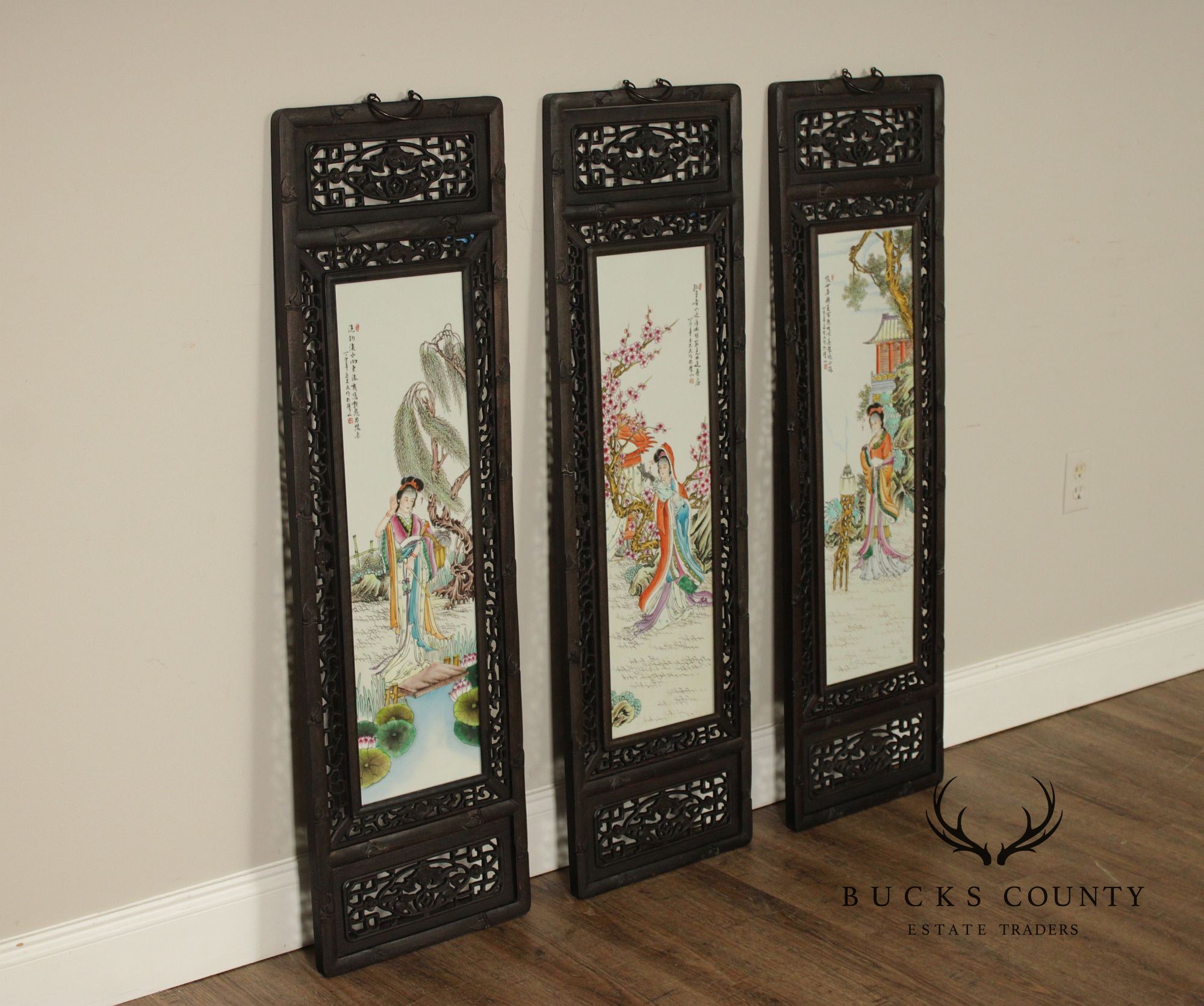 Vintage Chinese Set of Three Framed Porcelain Wall Plaques