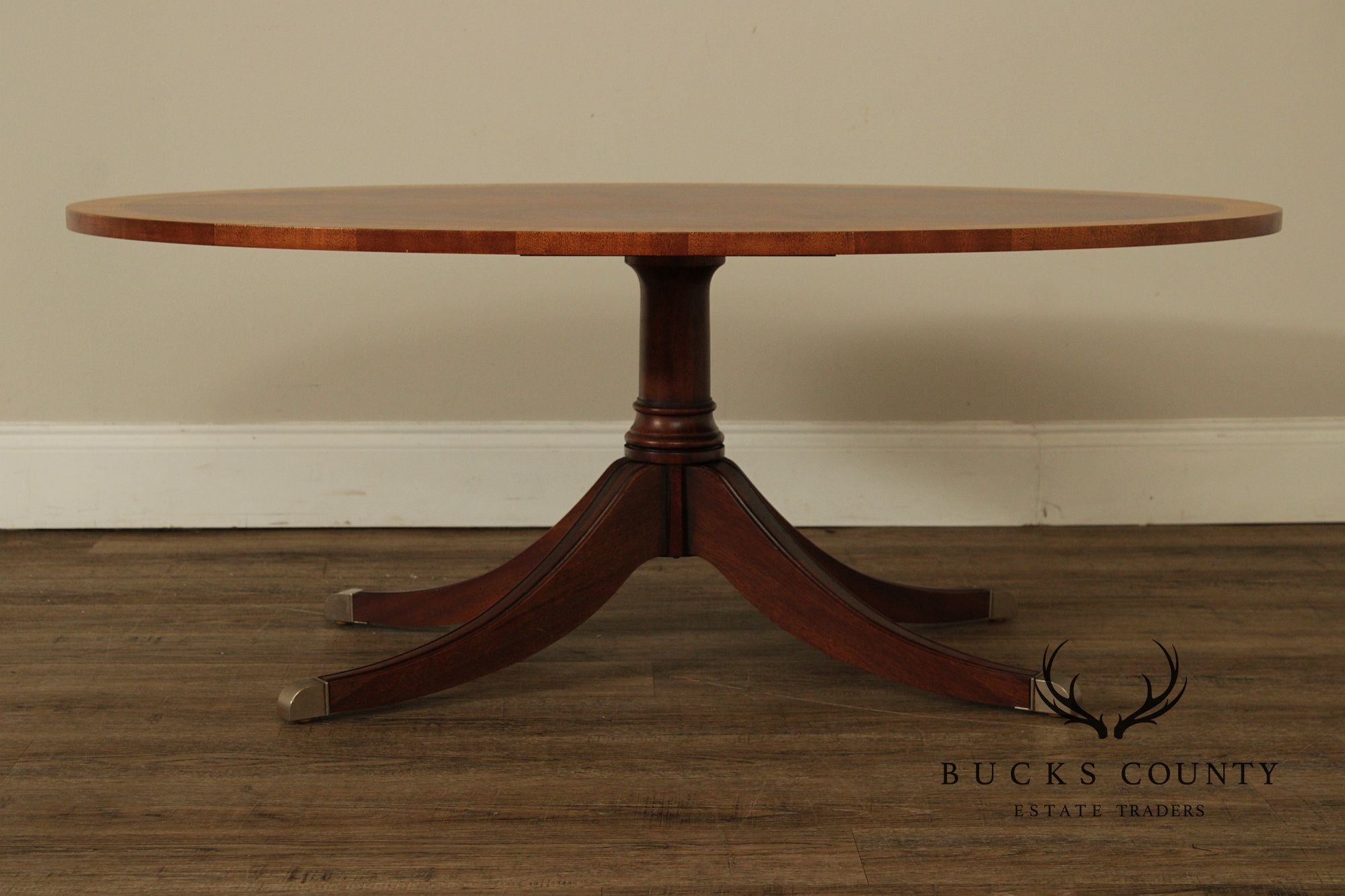 Ethan Allen Newport Inlaid Mahogany Oval Pedestal Coffee Table