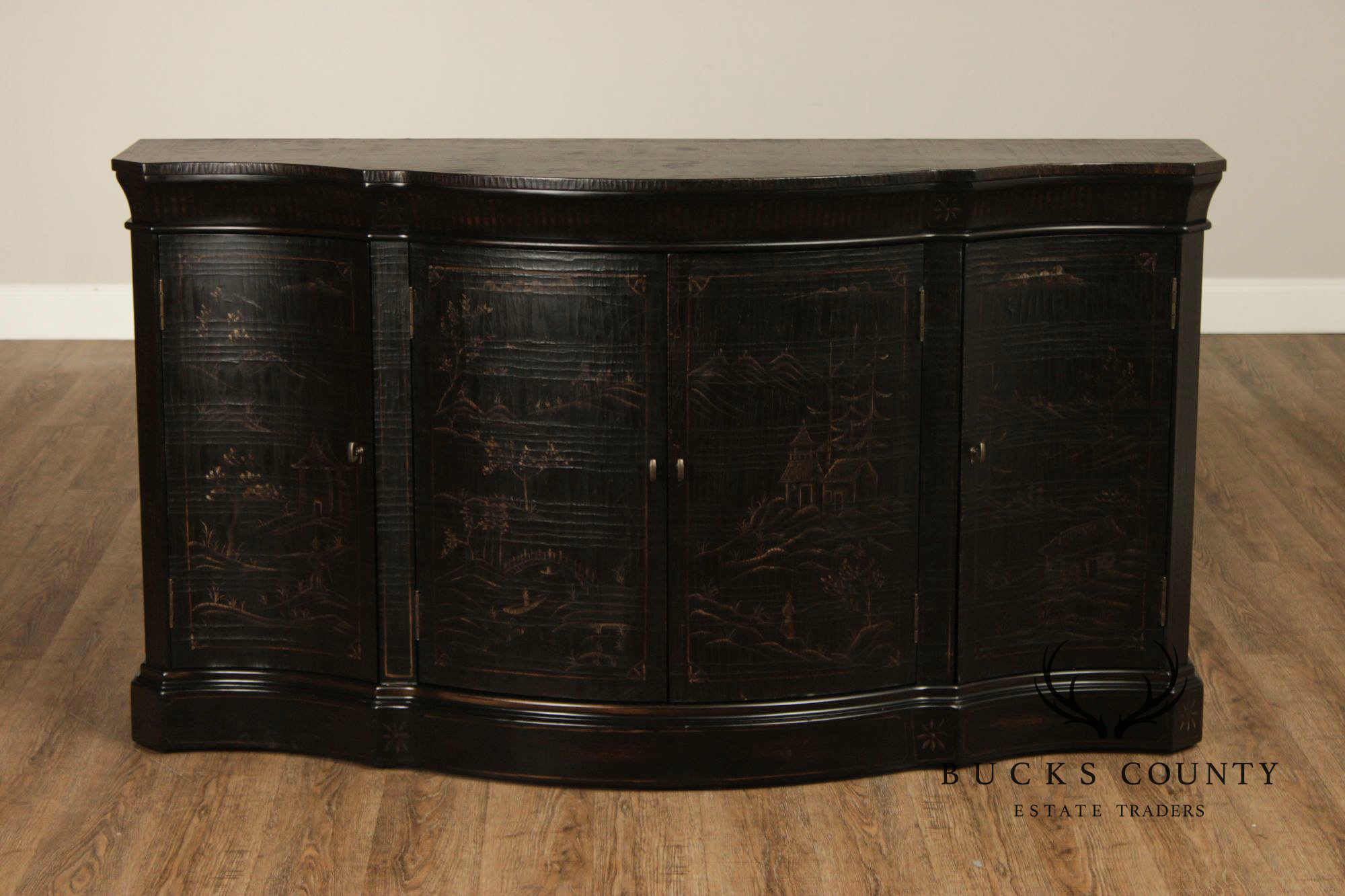 Ethan Allen Vivianne Serpentine Console Cabinet With Chinoiserie Decoration