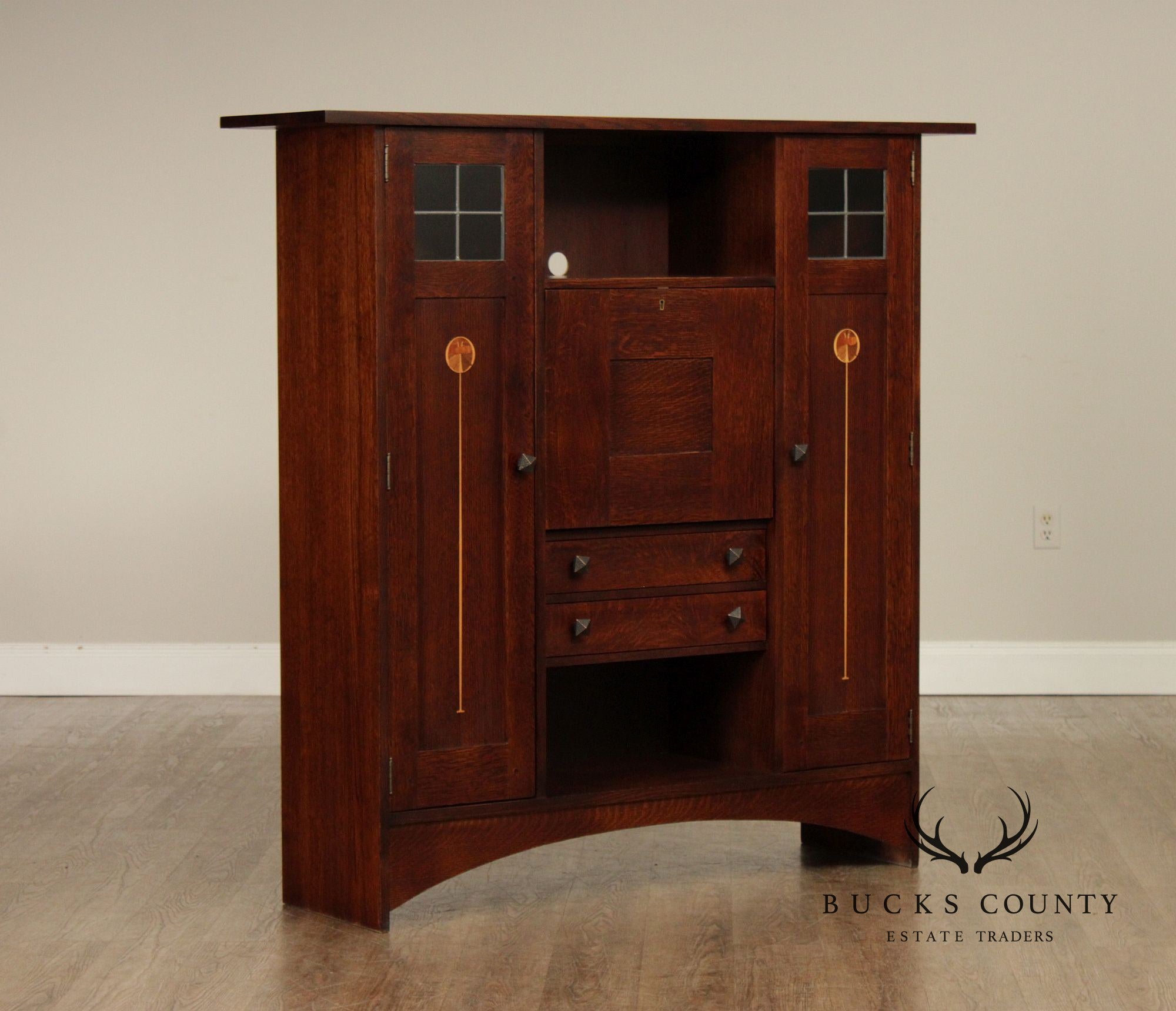 Stickley Harvey Ellis Collection Mission Oak Fall-Front Bookcase With Wood Doors