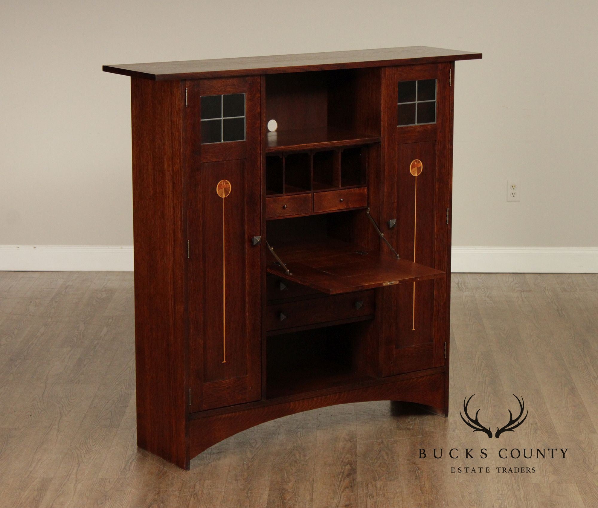 Stickley Harvey Ellis Collection Mission Oak Fall-Front Bookcase With Wood Doors