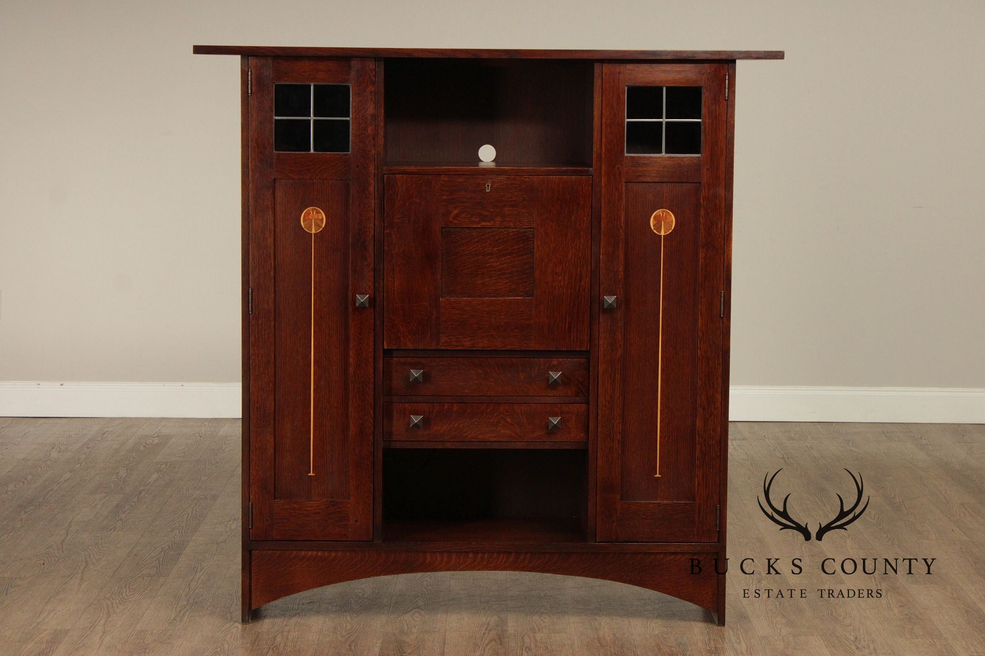 Stickley Harvey Ellis Collection Mission Oak Fall-Front Bookcase With Wood Doors