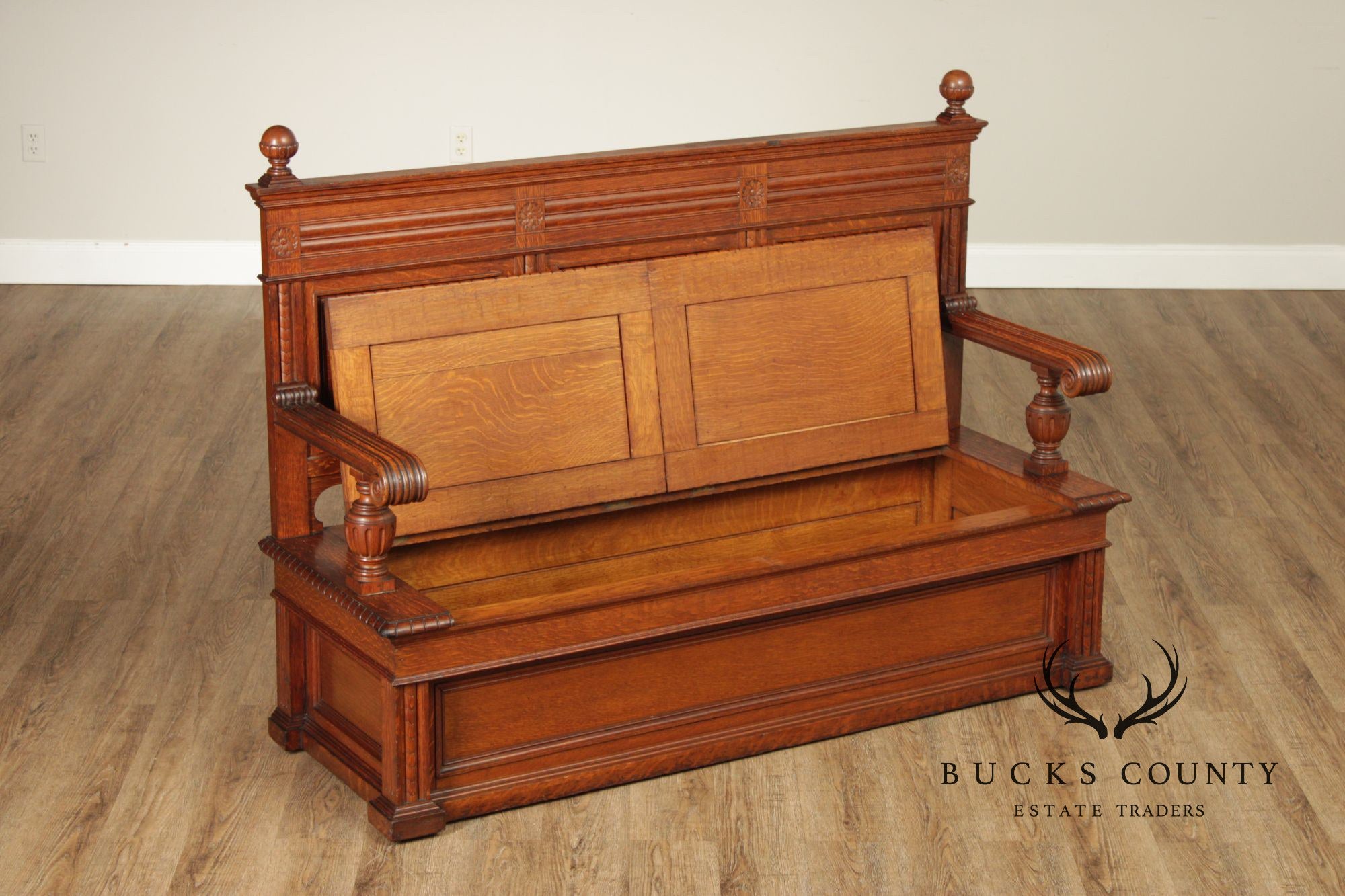 Antique Victorian Gothic Revival Carved Oak Monks Bench With Lift Seat Storage