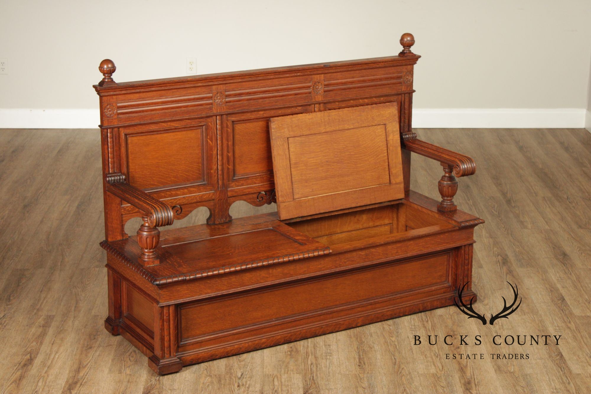 Antique Victorian Gothic Revival Carved Oak Monks Bench With Lift Seat Storage