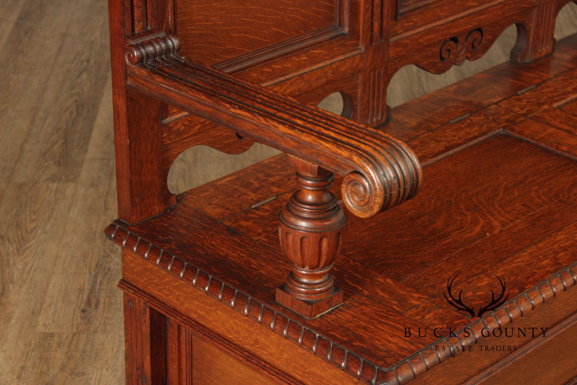 Antique Victorian Gothic Revival Carved Oak Monks Bench With Lift Seat Storage
