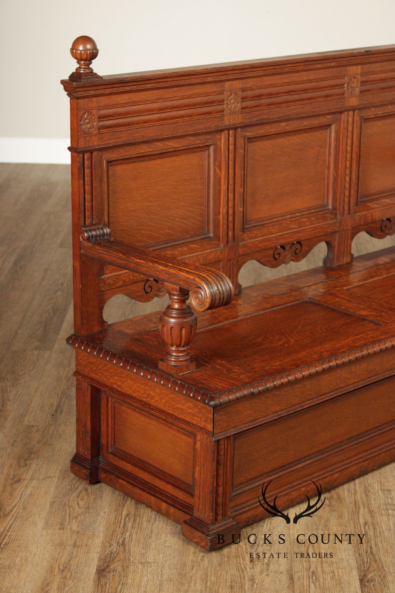 Antique Victorian Gothic Revival Carved Oak Monks Bench With Lift Seat Storage