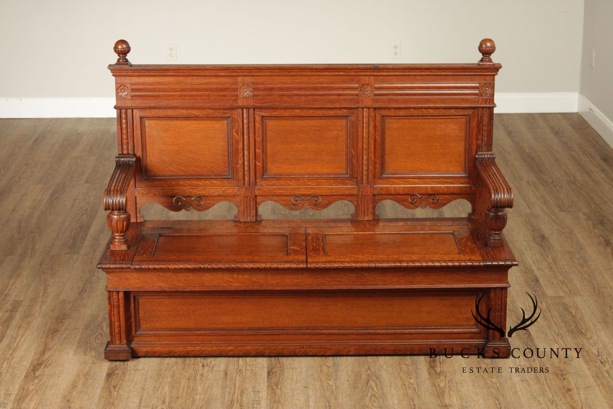 Antique Victorian Gothic Revival Carved Oak Monks Bench With Lift Seat Storage