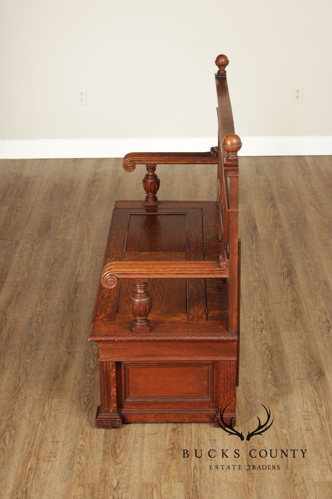 Antique Victorian Gothic Revival Carved Oak Monks Bench With Lift Seat Storage