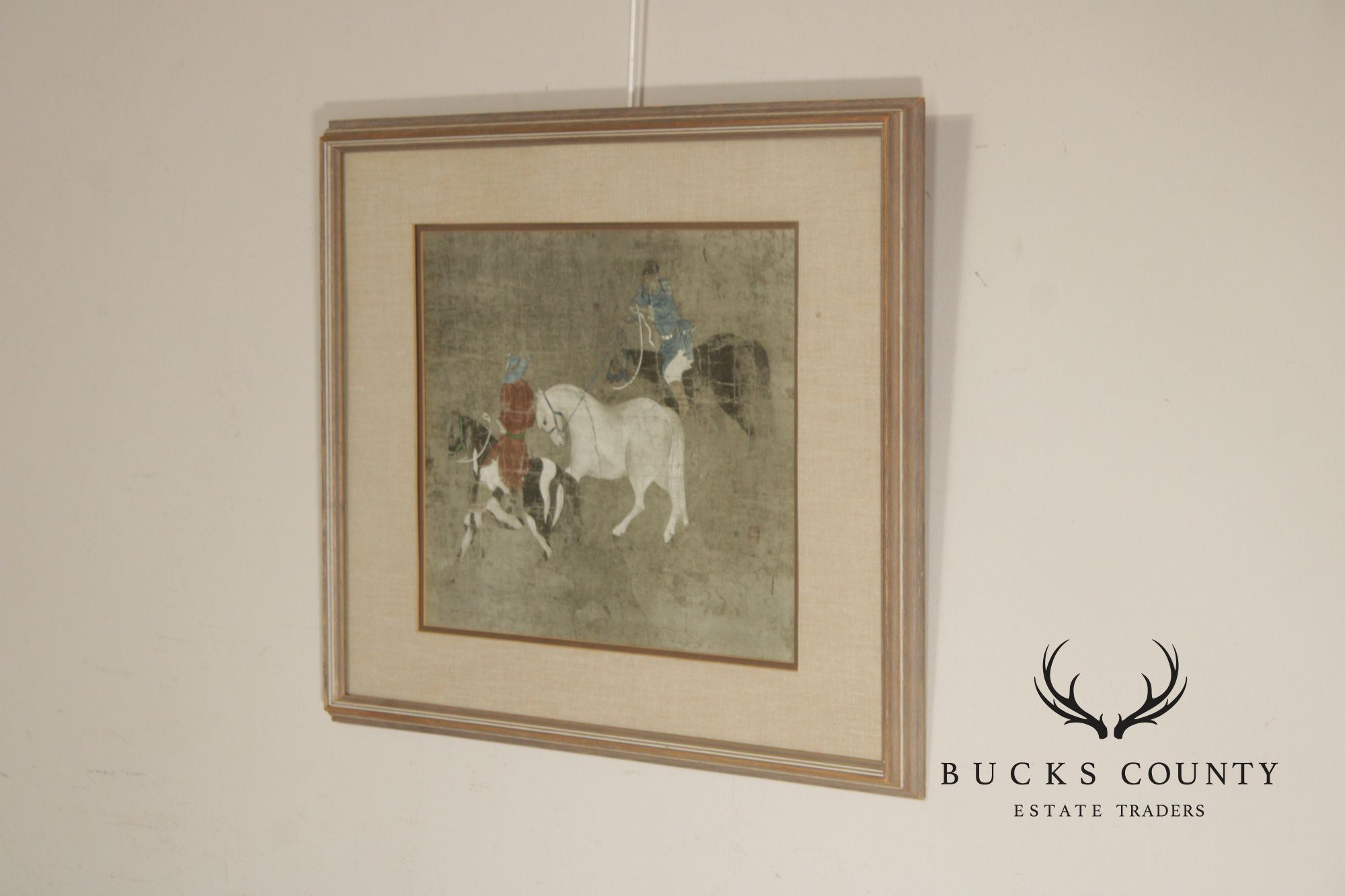 Vintage Chinese Print, 'Riders Leading a White Horse'