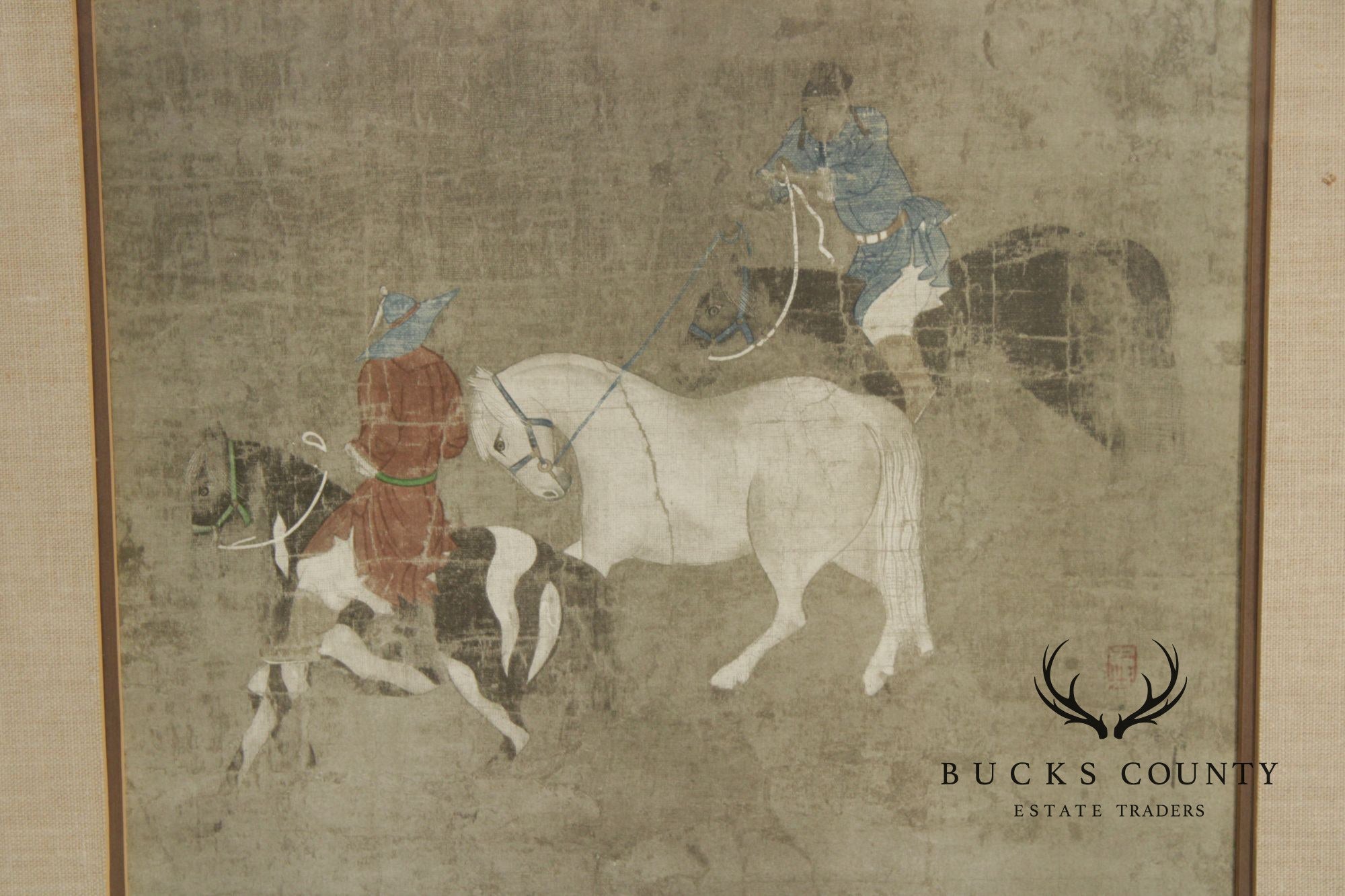 Vintage Chinese Print, 'Riders Leading a White Horse'