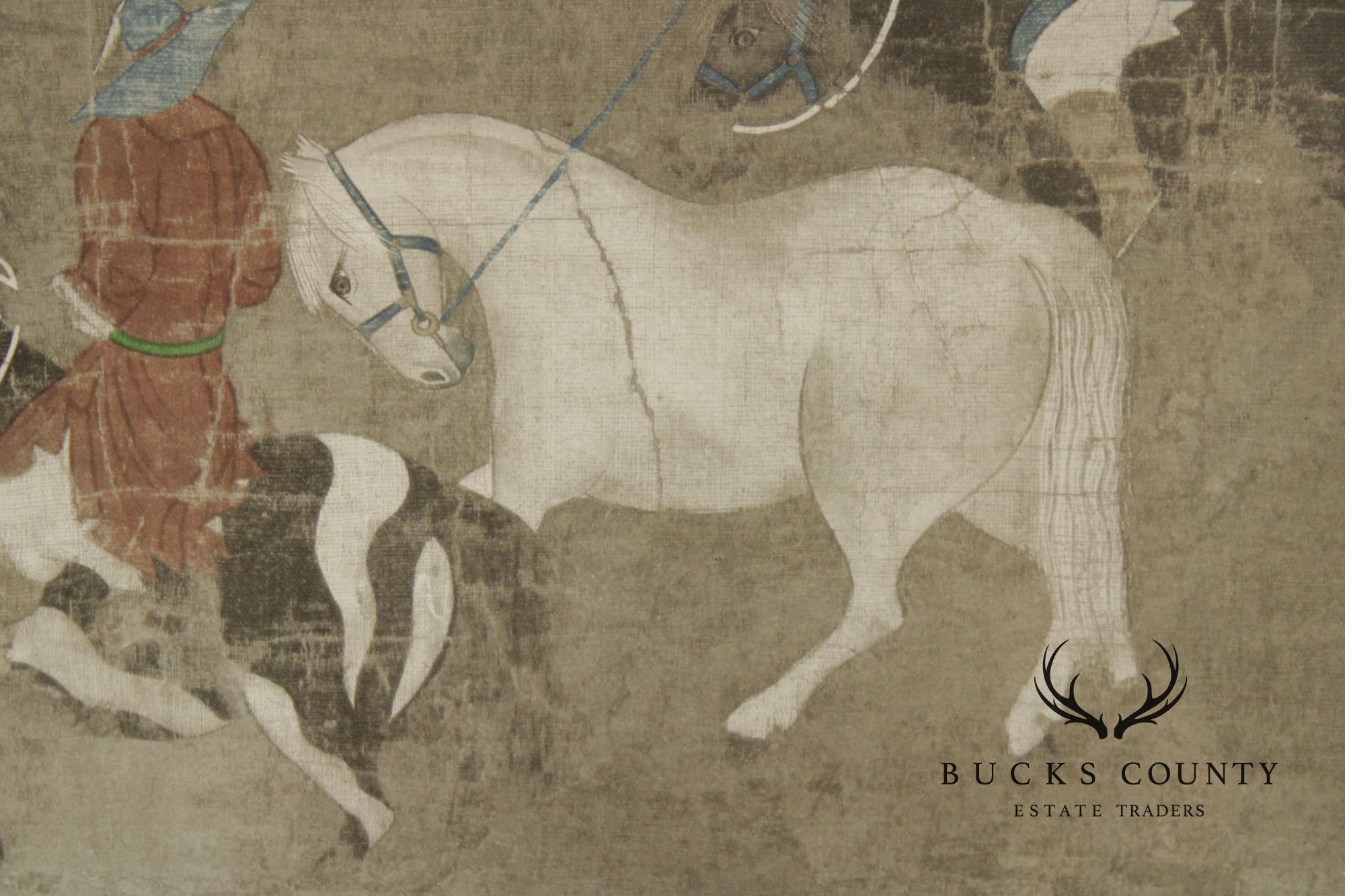 Vintage Chinese Print, 'Riders Leading a White Horse'