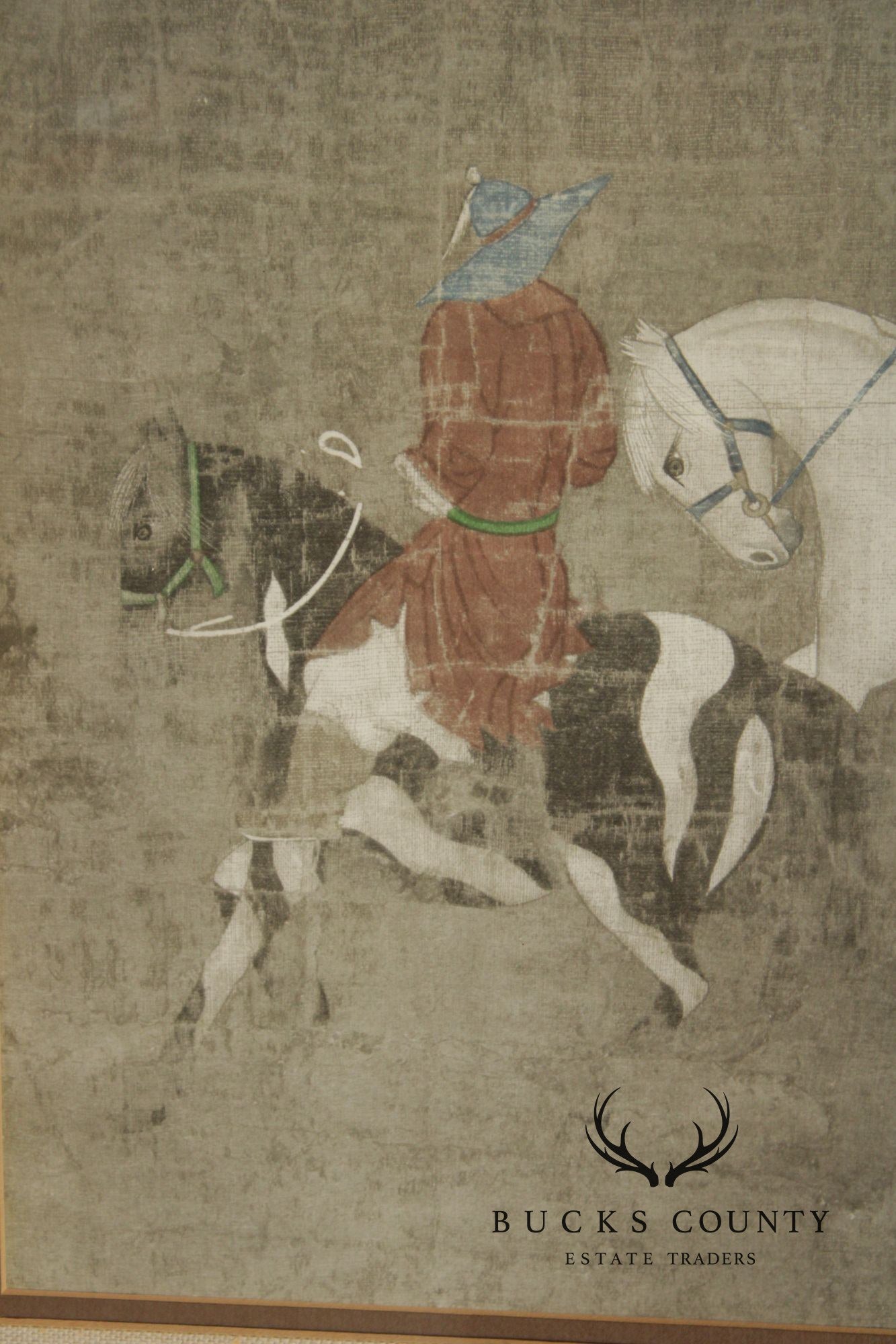 Vintage Chinese Print, 'Riders Leading a White Horse'