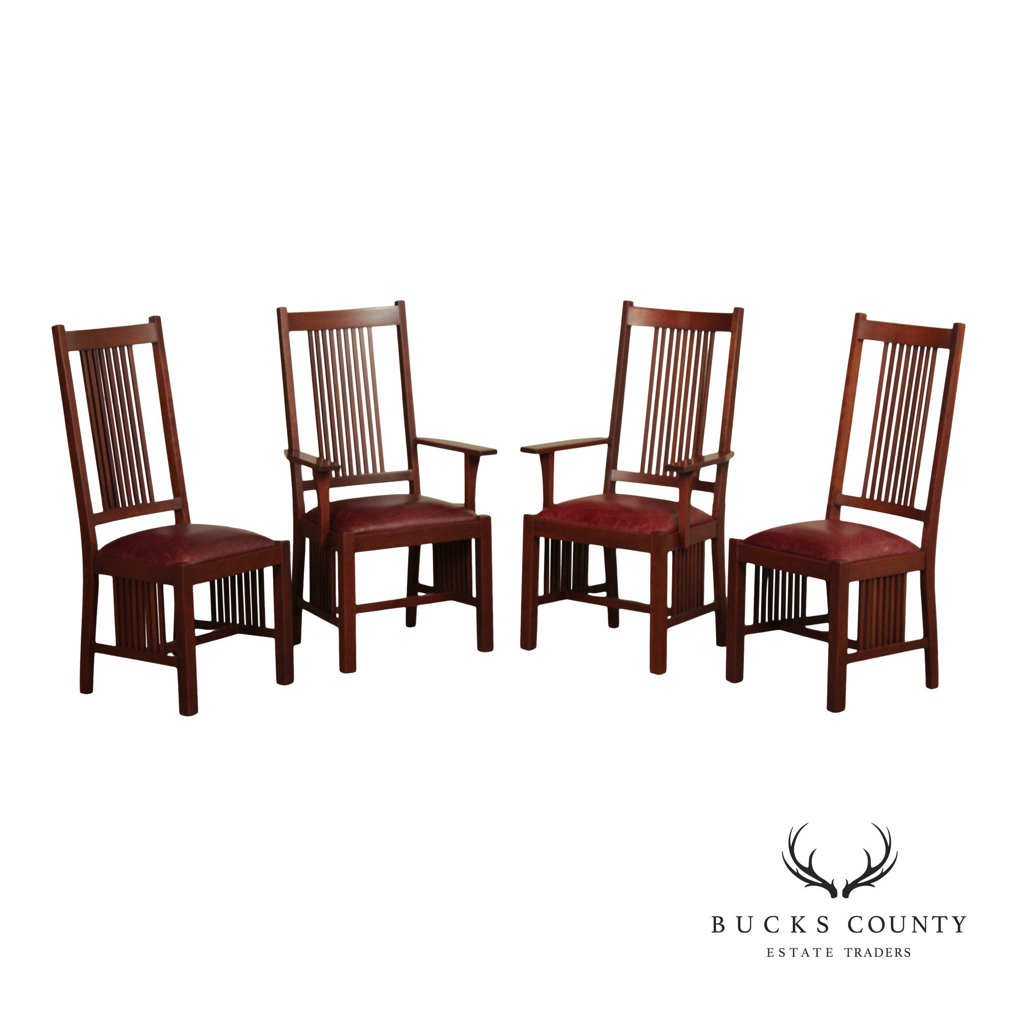Zimmerman Mission Style Custom Set Of Four Cherry And Leather Spindle Dining Chairs