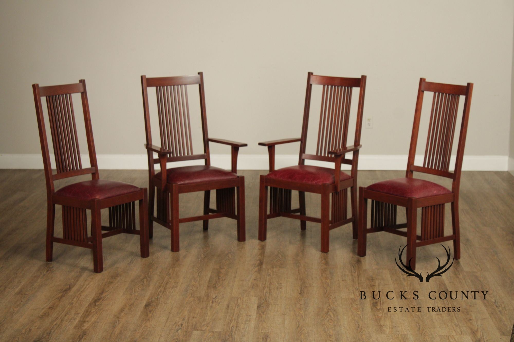 Zimmerman Mission Style Custom Set Of Four Cherry And Leather Spindle Dining Chairs