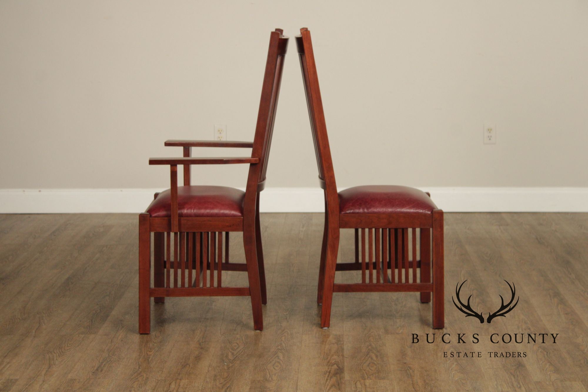 Zimmerman Mission Style Custom Set Of Four Cherry And Leather Spindle Dining Chairs