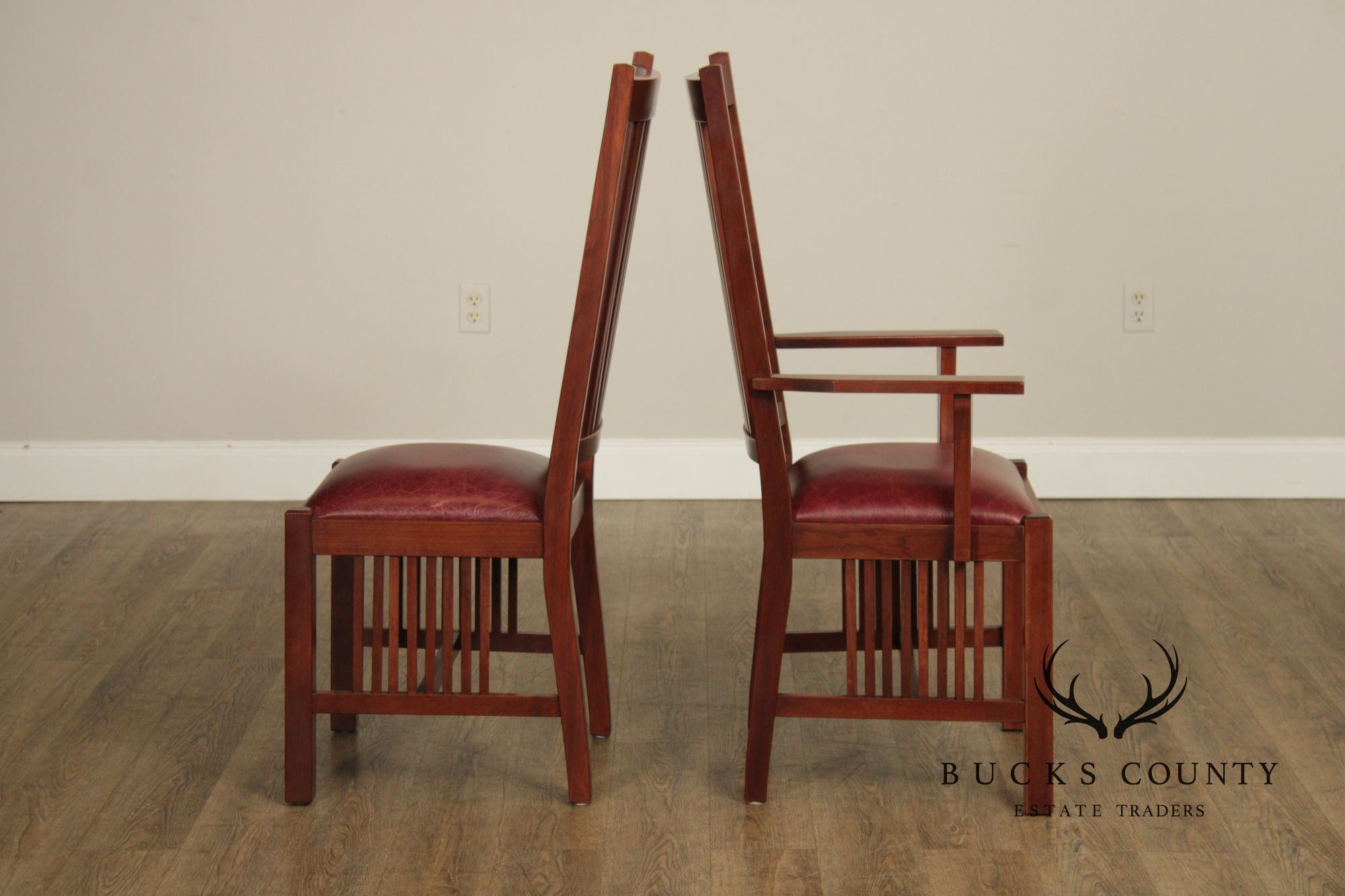 Zimmerman Mission Style Custom Set Of Four Cherry And Leather Spindle Dining Chairs