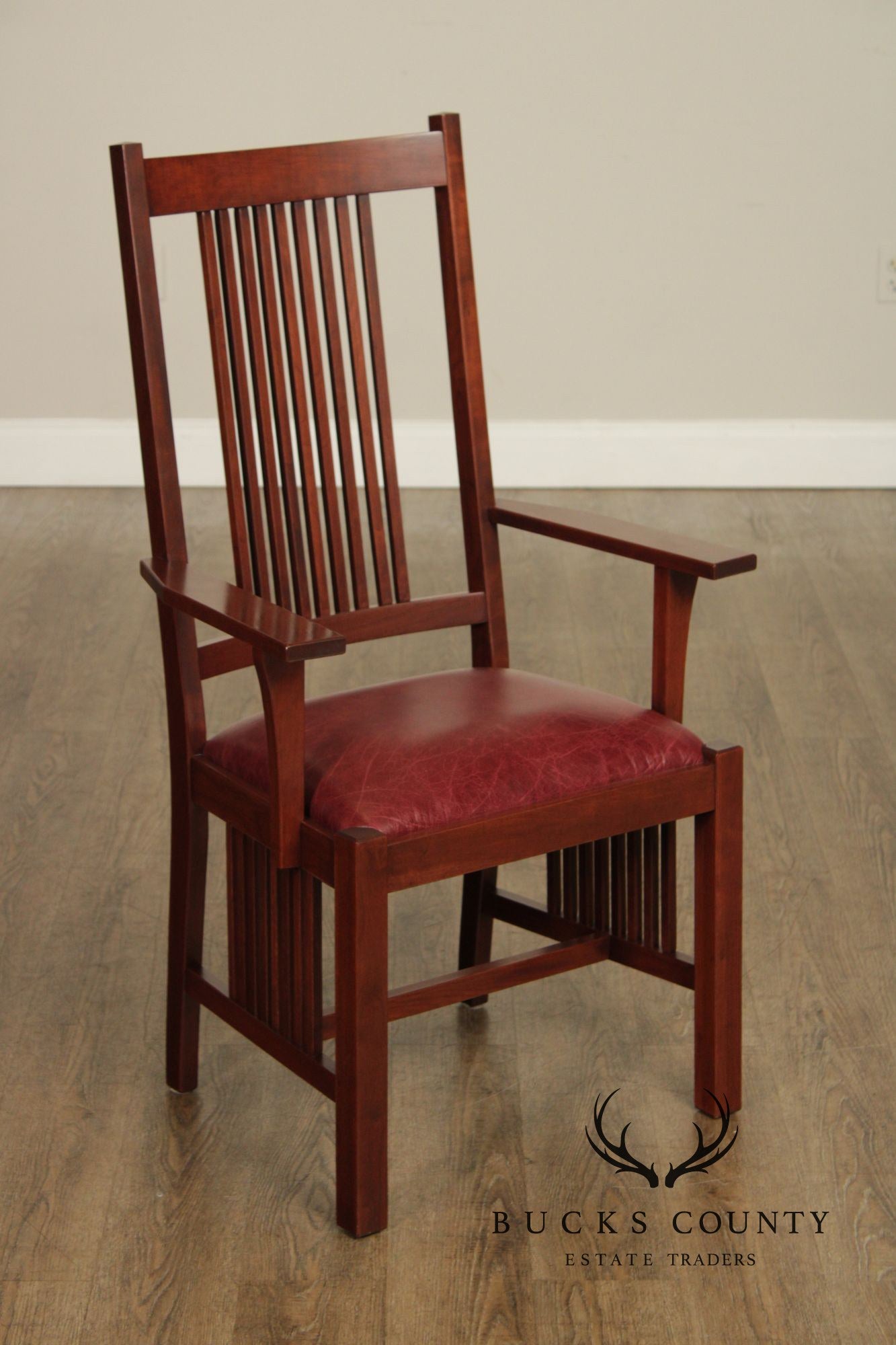Zimmerman Mission Style Custom Set Of Four Cherry And Leather Spindle Dining Chairs