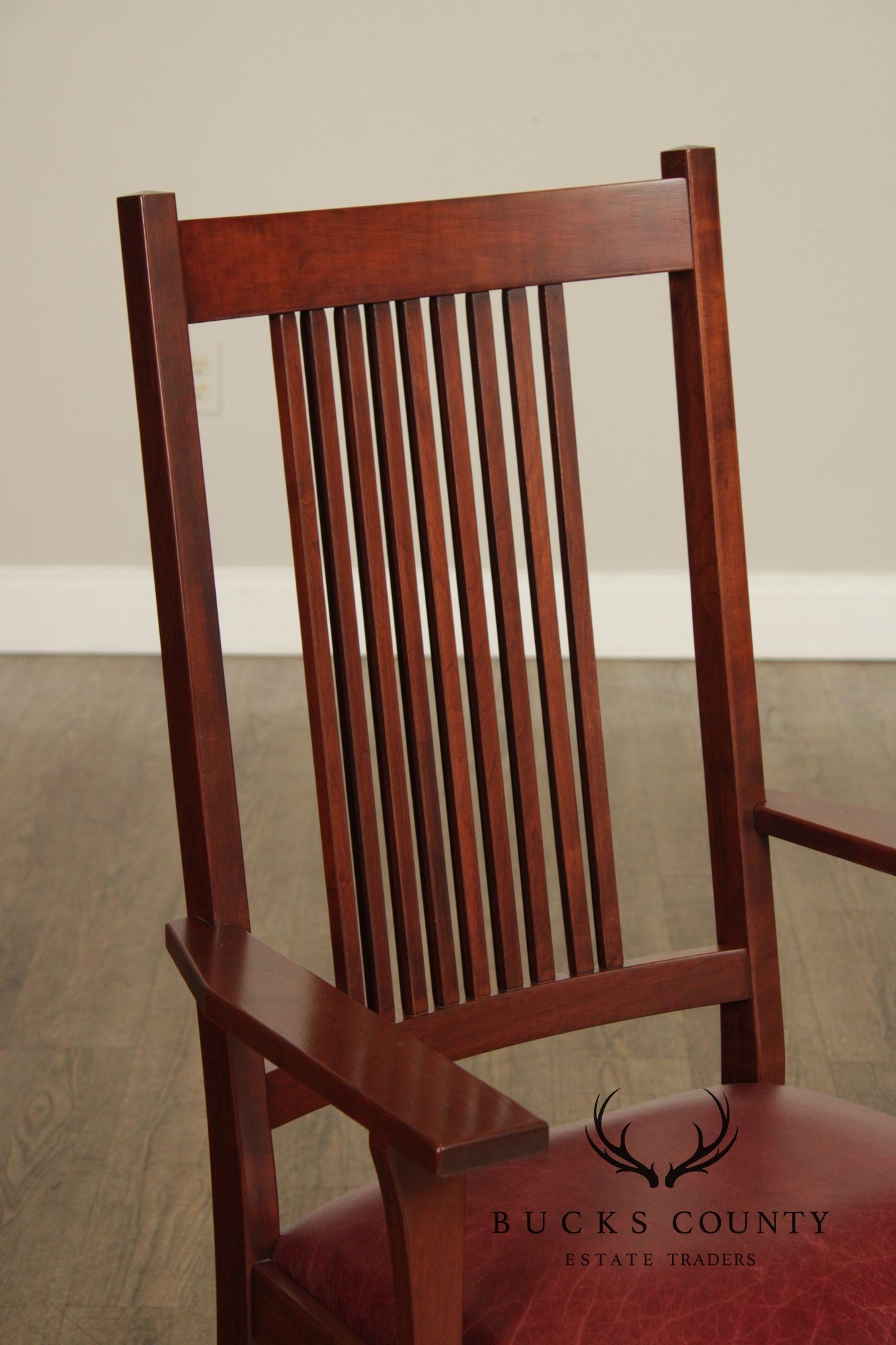 Zimmerman Mission Style Custom Set Of Four Cherry And Leather Spindle Dining Chairs
