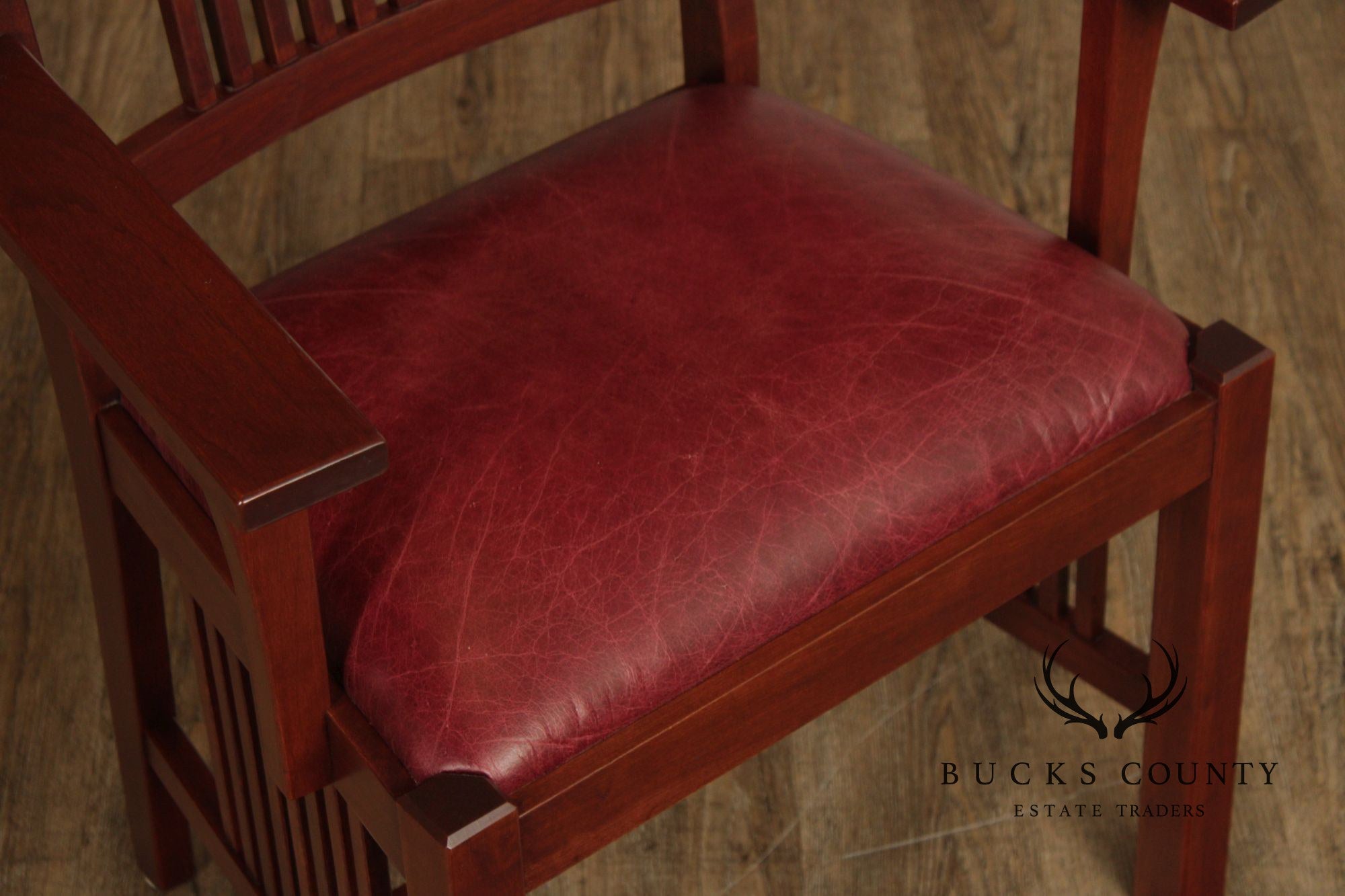 Zimmerman Mission Style Custom Set Of Four Cherry And Leather Spindle Dining Chairs